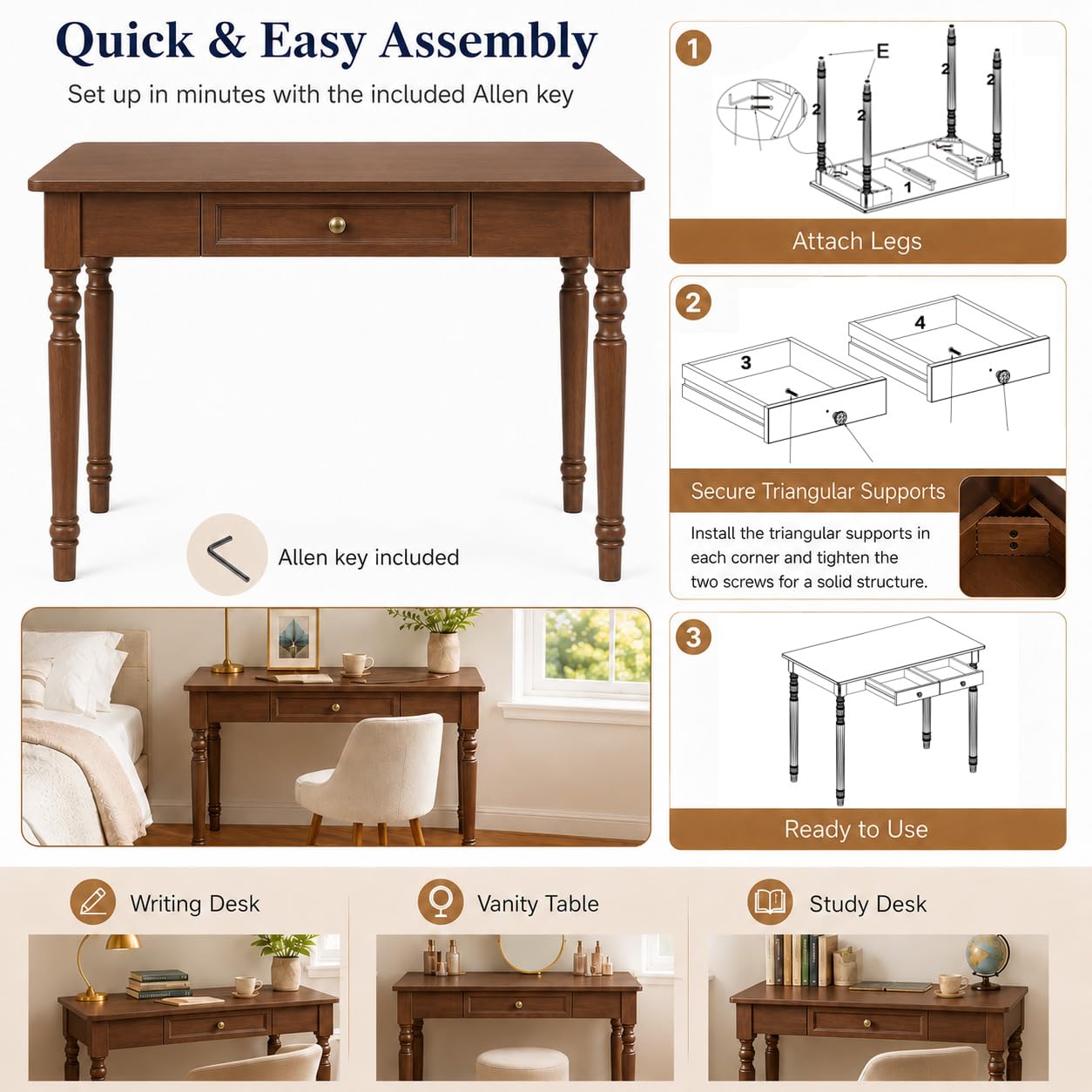 TYHRZNJJ 31" Solid Wood Writing Desk with Drawers – French Country Computer Desk for Home Office, Bedroom, Living Room, or Study(Walnut,31 x 24 x 30 in)