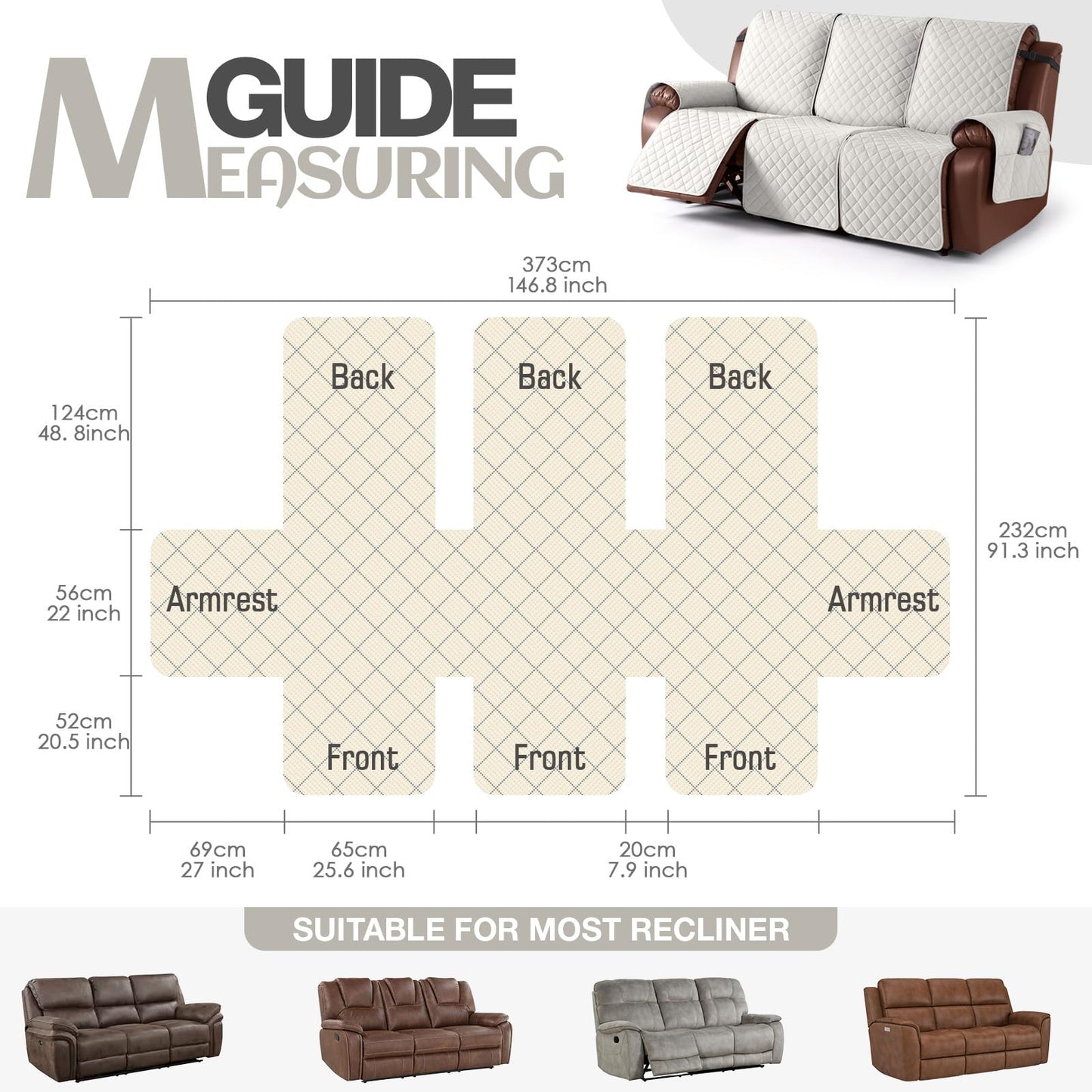 KinCam 100% Waterproof Recliner Sofa Covers, Non-Slip Reclining Couch Covers for 3 Seat, Recliner Couch Cover Furniture Protector with Elastic Straps for Pets, Kids, Beige White