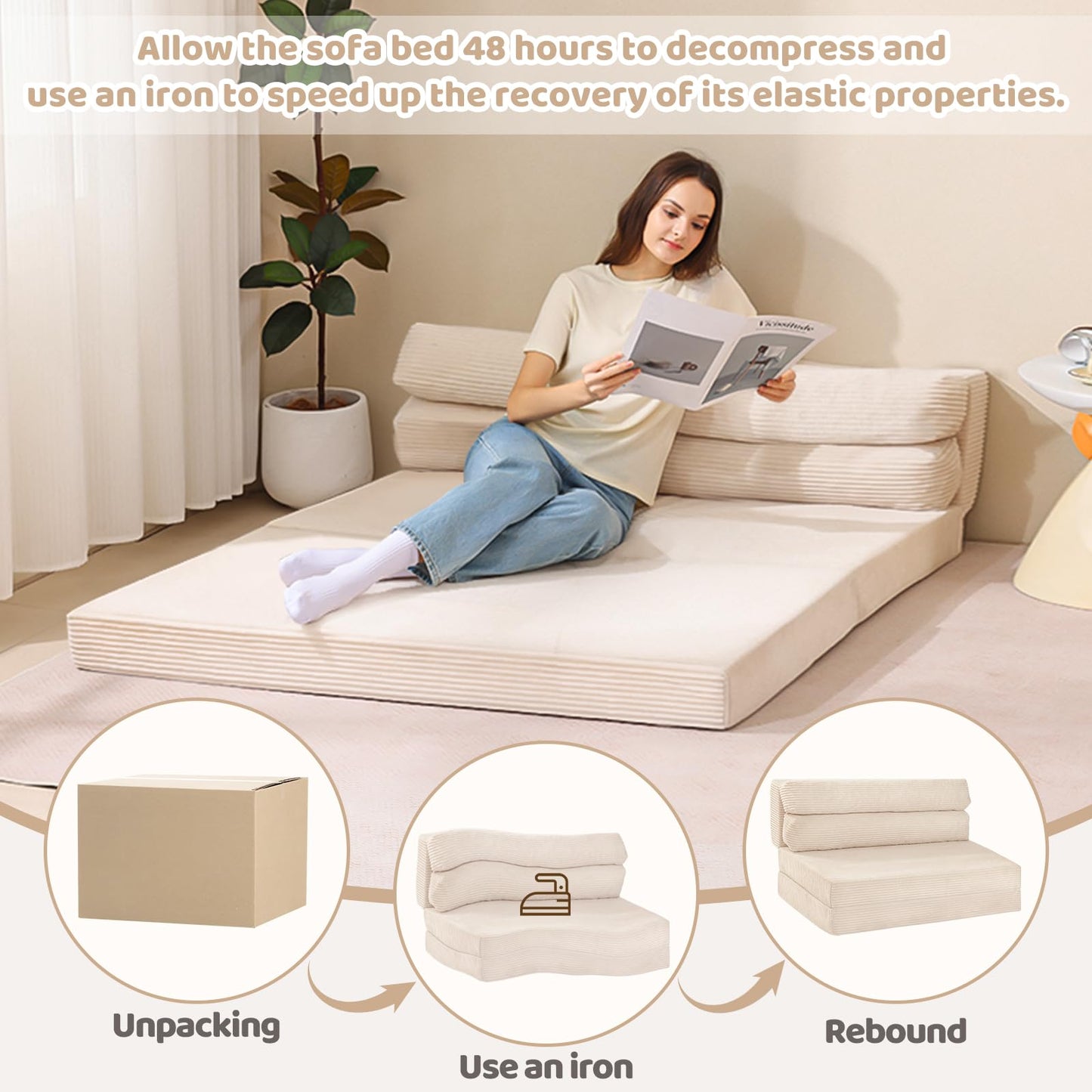 JUIKURY Folding Sofa Bed, Convertible Sleeper Chair with Pilow Foldable Matress, 2 in 1 Pull Out Loveseat Sofa Portable Fold Out Chair Bed Floor Couch Lounge for Living Room Bedroom (Beige, Full)