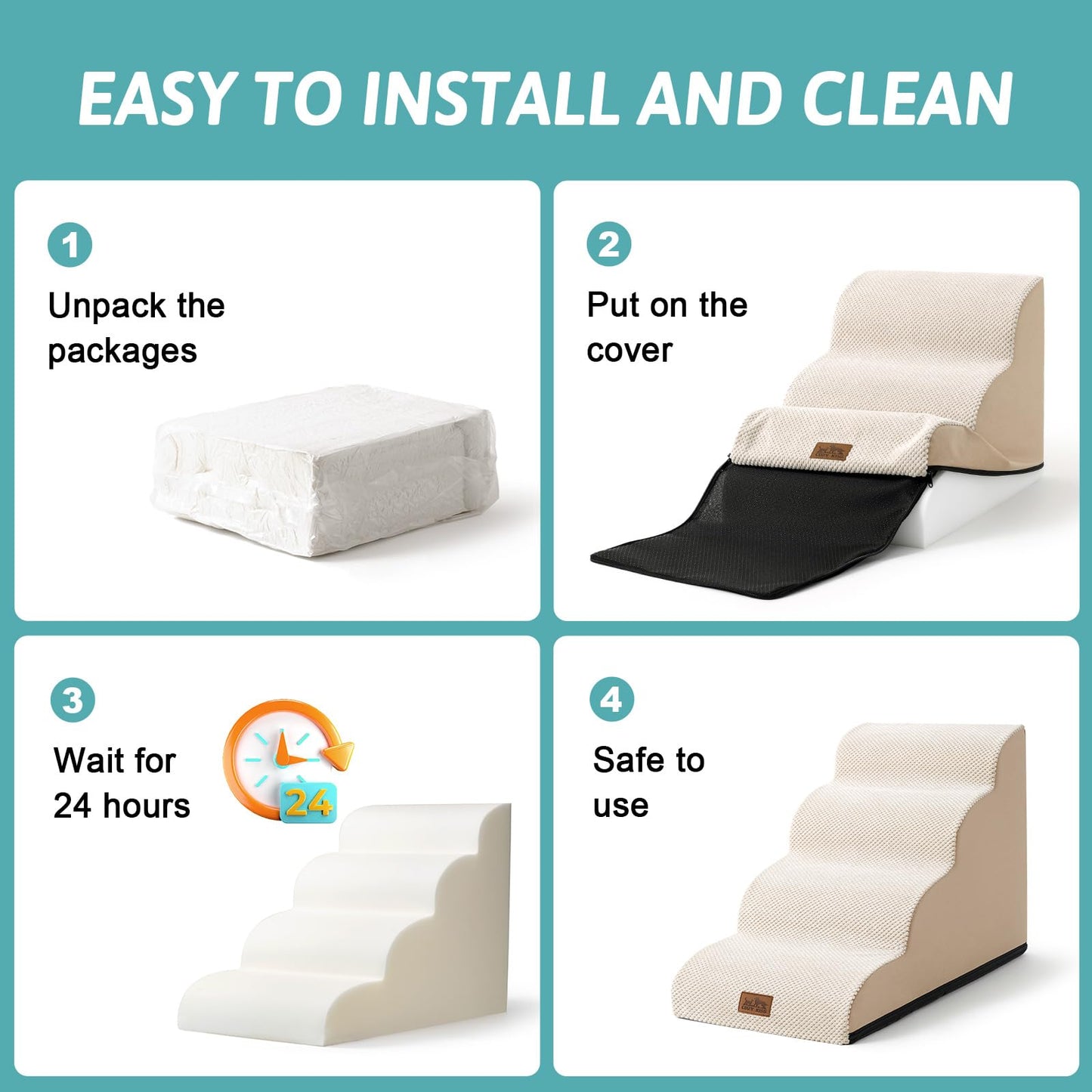 COZY KISS Dog Stairs for Small Dogs 15.7" H, Curved Dog Step for Puppy, Older Cat, Medium Pet Ramp for Sofa, Couch or Chair, Ladder with High Density Foam, 3 Step, 15.7x22.4x15.7 inch, Beige
