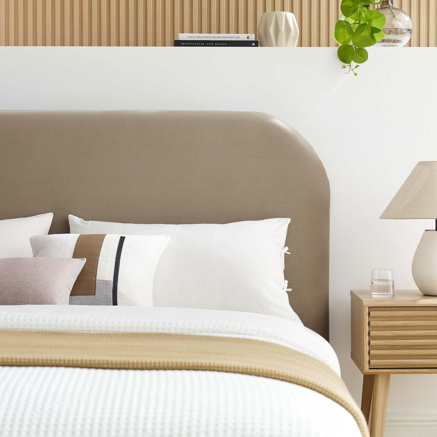 Modway Keynote Modern Queen Bed Frame with Curve Shaped Headboard in Taupe, Upholstered in Performance Velvet, Queen Size Platform Bedain-Resistant Velvet Bed, Soft Cloud Bed Frame