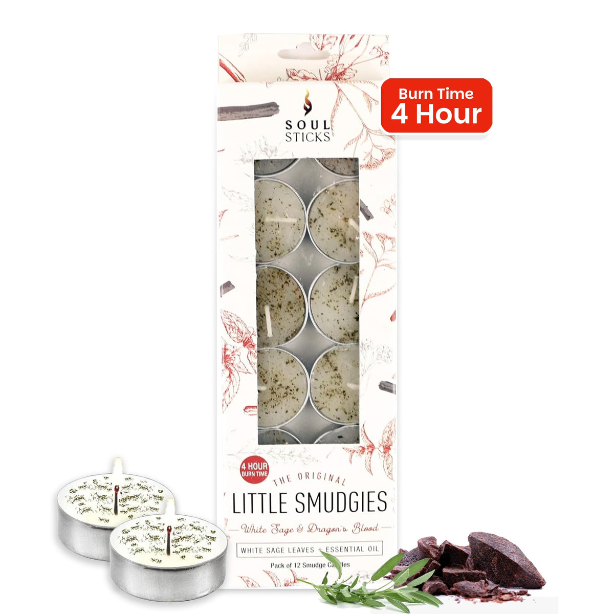 SOUL STICKS 12 Pack Little Smudgies Tealight Candles Smudge Candle for Cleansing House, Meditation, Chakra Healing | Made with Crystals and Herbs (White Sage & Dragon's Blood)