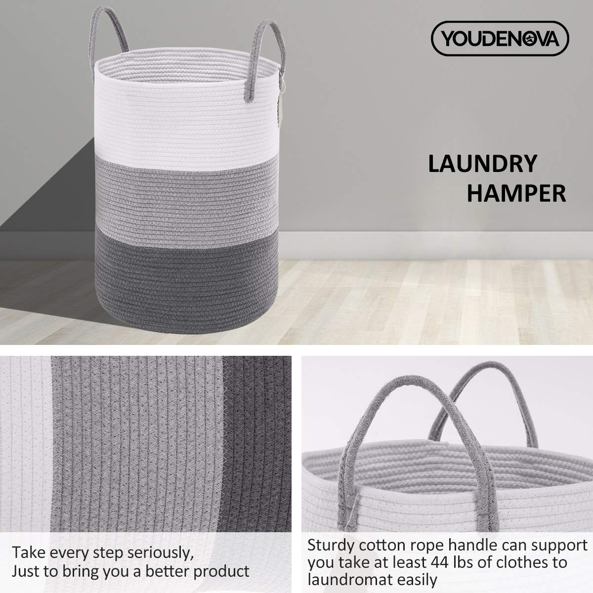 YOUDENOVA Woven Rope Laundry Hamper Basket, 58L Tall Luandry Basket, Baby Nursery Hamper for Blanket Storage, Clothes Hampers for Laundry in Bedroom