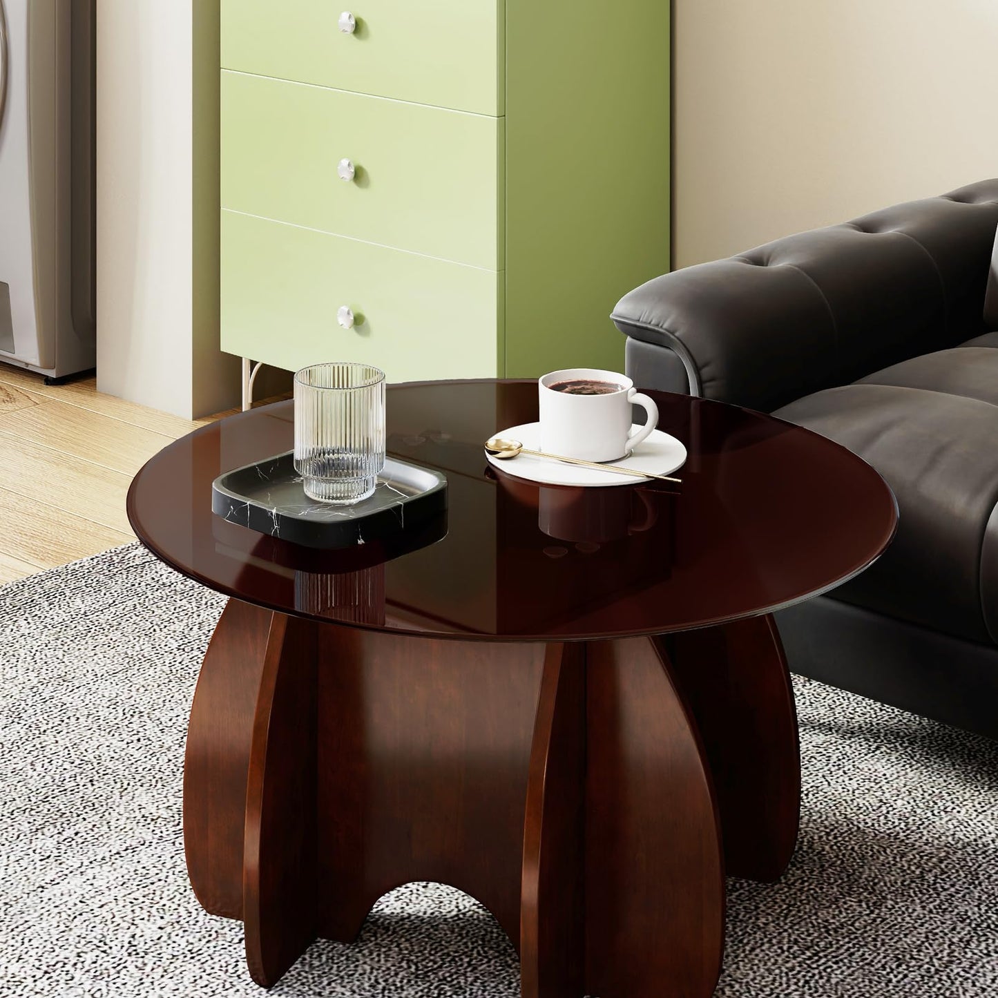 RUBAPOSM Round Glass Coffee Table - 30 Inch Diameter Brown Tempered Top with Walnut Solid Wood Legs - Modern Mid Century Center Trestle for Living Room Small Spaces and Minimalist Home Decor Furniture