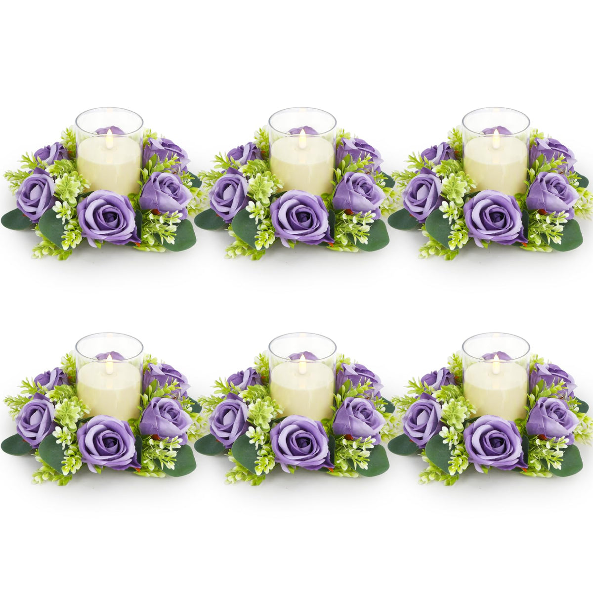 Acmee Purple Rose Candle Rings with Flameless Candles Sets - 12PCS Artificial Flower Eucalyptus Wedding Centerpiece 3 Inch Pillar Candleholders Wreaths for Wedding Party Decor (Purple - 6 Sets)