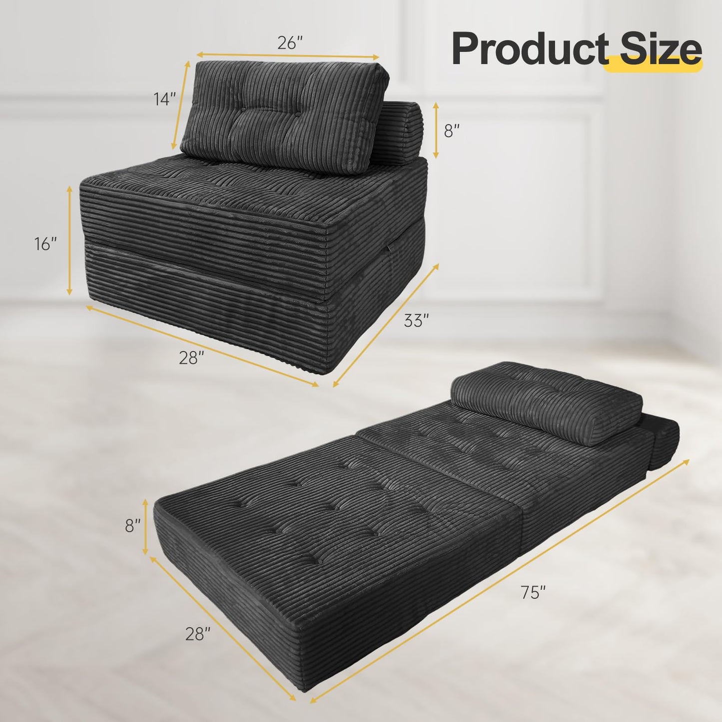 HonTop Folding Sofa Bed, Convertible Couch Chair with Pillow, Boneless Velvet Foldable Sleeper Sofa with Back Support, Portable Fold Out Lounger for Living Room, Apartment & Dorm, Dark Grey Corduroy