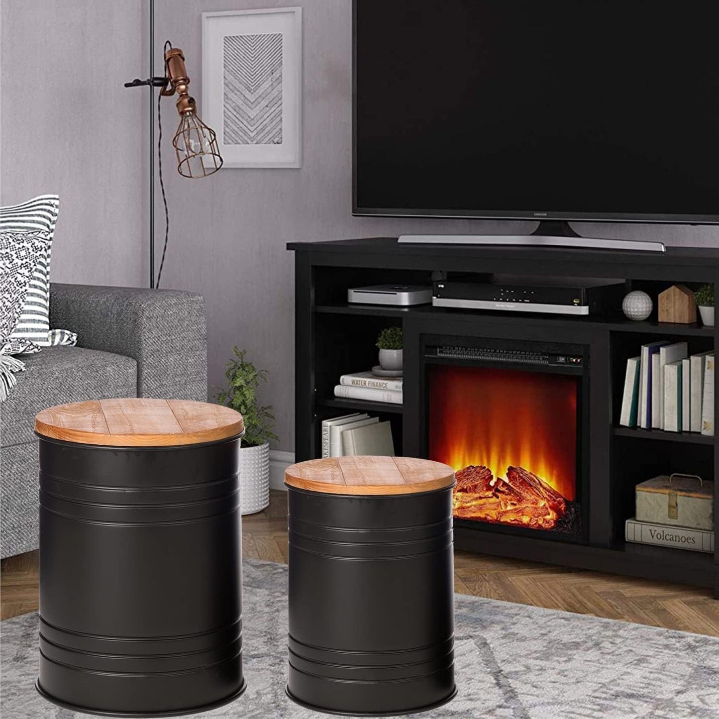 Glitzhome Rustic End Table Set of 2, Farmhouse Galvanized Metal Barrel Ottoman Storage Stool with Round Wood Lid for Living Room Furniture, Black