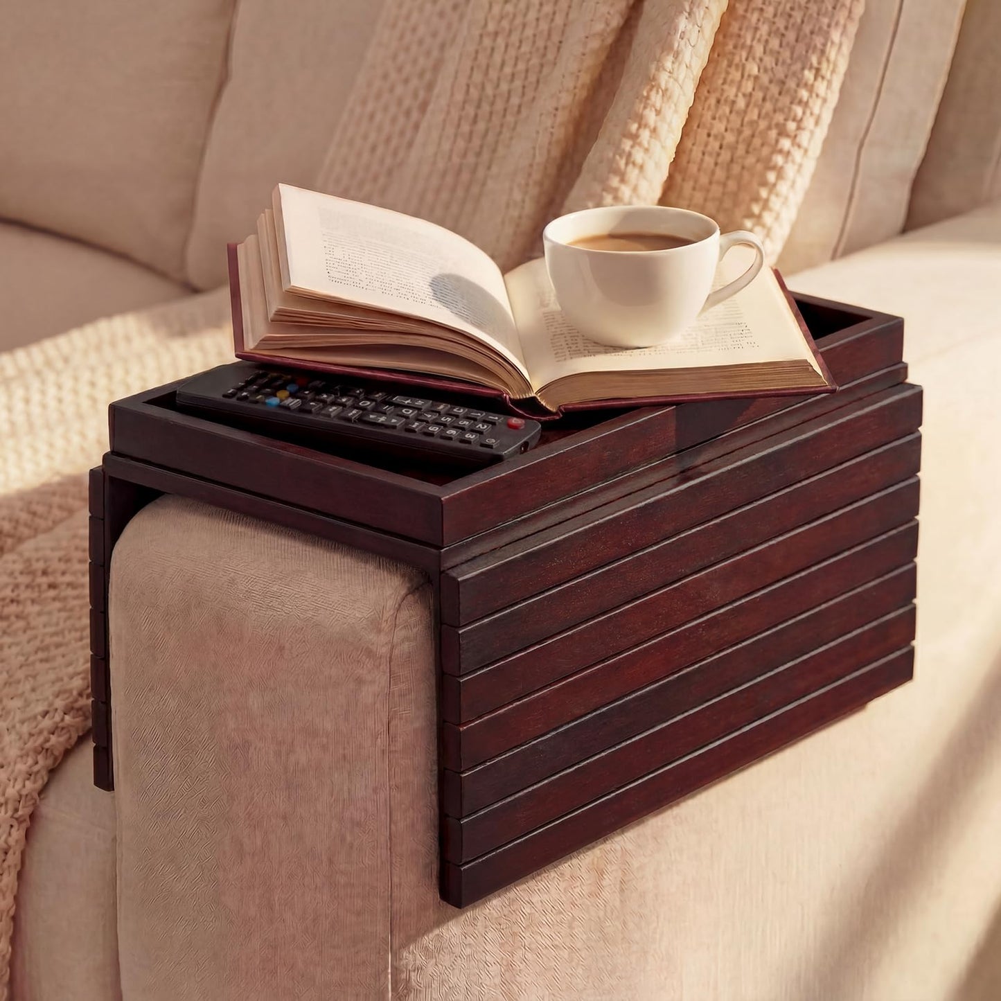 B-Zefyrn Sofa Arm Tray, Foldable Bamboo Couch Armrest Table with Large 12.5" x 5.8" Storage Compartment, Portable Chair Couch Caddy Arm Tray for Cup TV Snacks Phone (Velvet Mahogany)