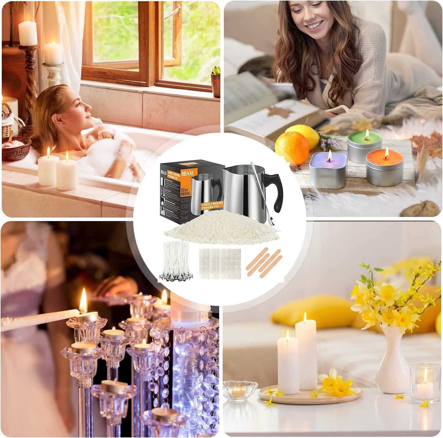BBAXI Candle Making kit Supplies,Nature Soy Wax DIY Craft Tools with 32oz Candle Making Pouring Pot,16oz Soy Wax,Wooden Wick Holders, Candle Wicks,Stickers,Thermometer and Spoon for Beginners Adults