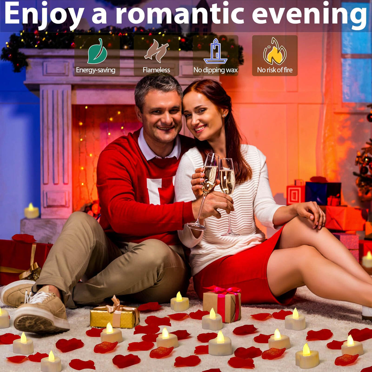 Audab Rose Petals and Candles Set for Romantic Decorations, 48 Romantic Candles with 4000 Fake Rose Petals for Special Night, Hotel Room, Date Night, Bedroom, Valentine's Day Decorations