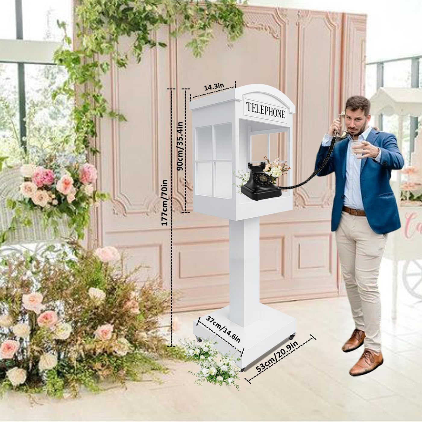 ROOMEDAL Audio Guest Book Phone Booth Stand with Wheels, Romantic Metal Audio Guestbook Telephone Booth for Wedding Birthdays Party Graduation Baby Shower Retirement Special Occasions Decoration