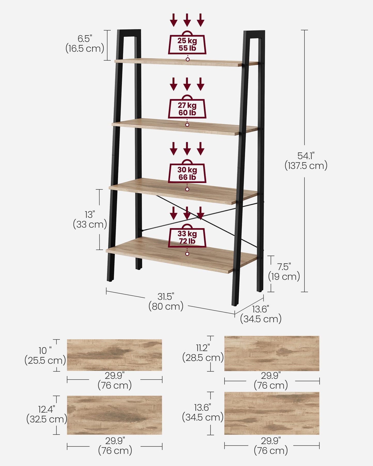 VASAGLE BARNET Collection - Ladder Shelf, Bookshelf, Storage Rack, Modern Bookcase for Living Room Home Office Kitchen, Steel Frame, 4-Tier, 31.5-Inch Wide, Camel Brown and Ink Black ULLS144B50