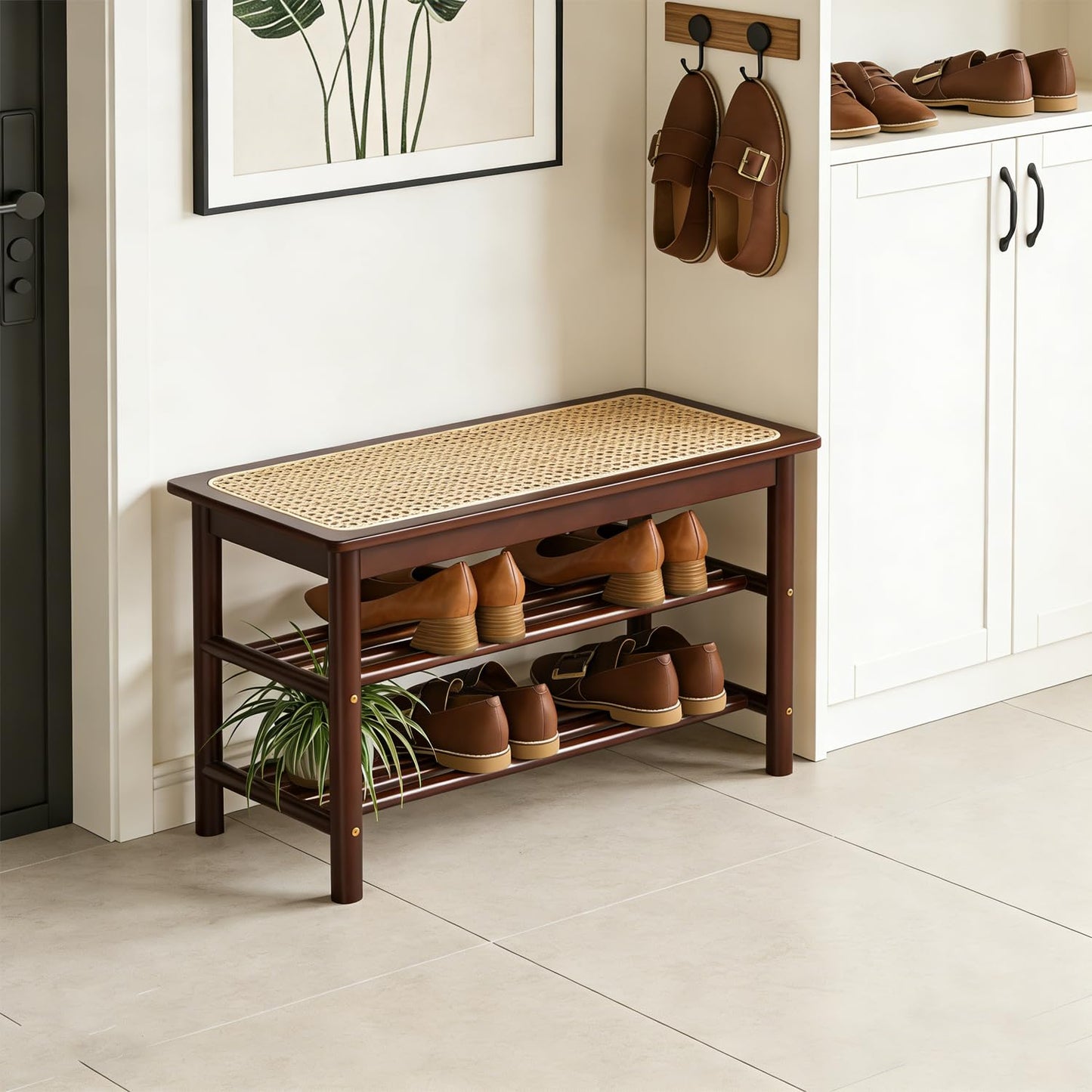 latifolia Shoe Rack Bench, 3-Tier Bamboo Shoe Bench with Breathable Rattan Seat Cushion, Shoe Storage Rack for Entryway(Walnut,31.50''L)