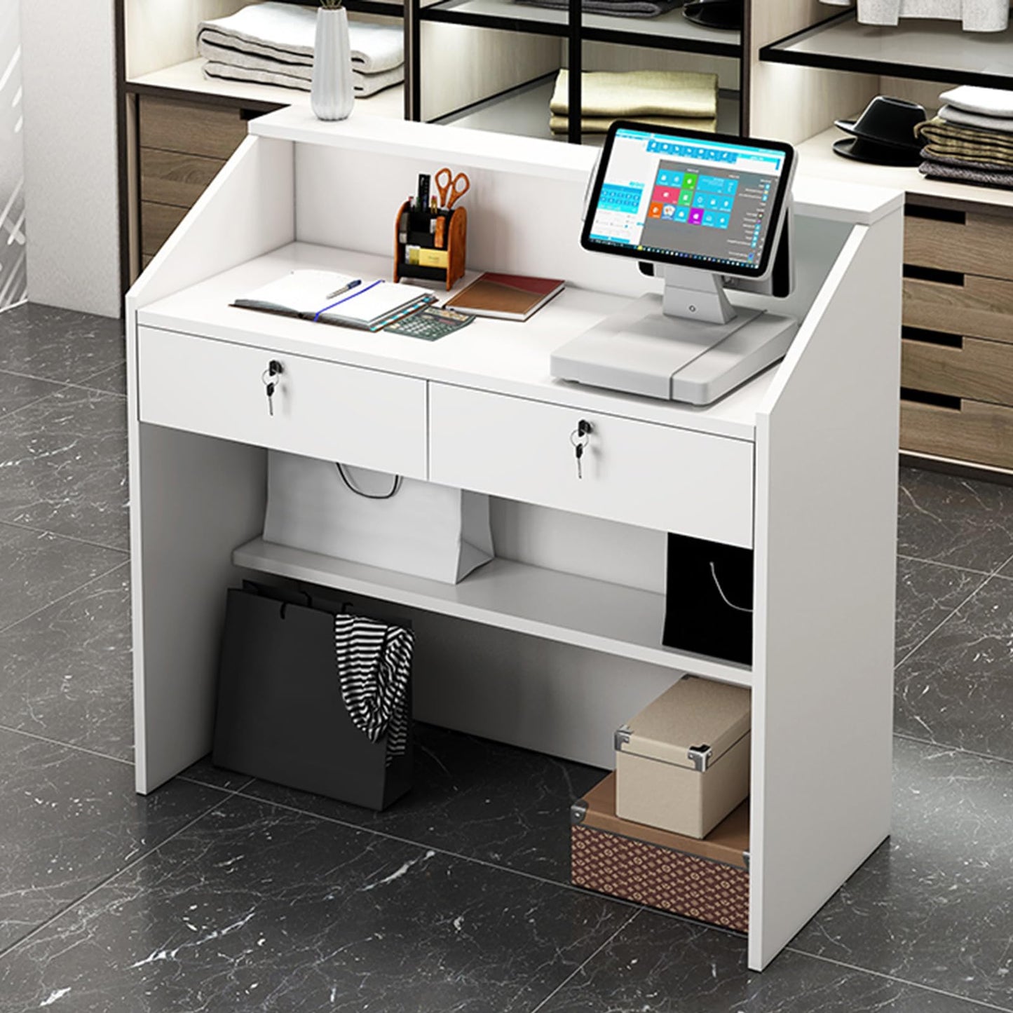 Modern Reception Desk with Lockable Drawers & Storage Cupboard, Reception Desk with Lockable Drawer & LED Light Wooden Retail Checkout Counter Office Computer Desk for Lobby Clothing Store S