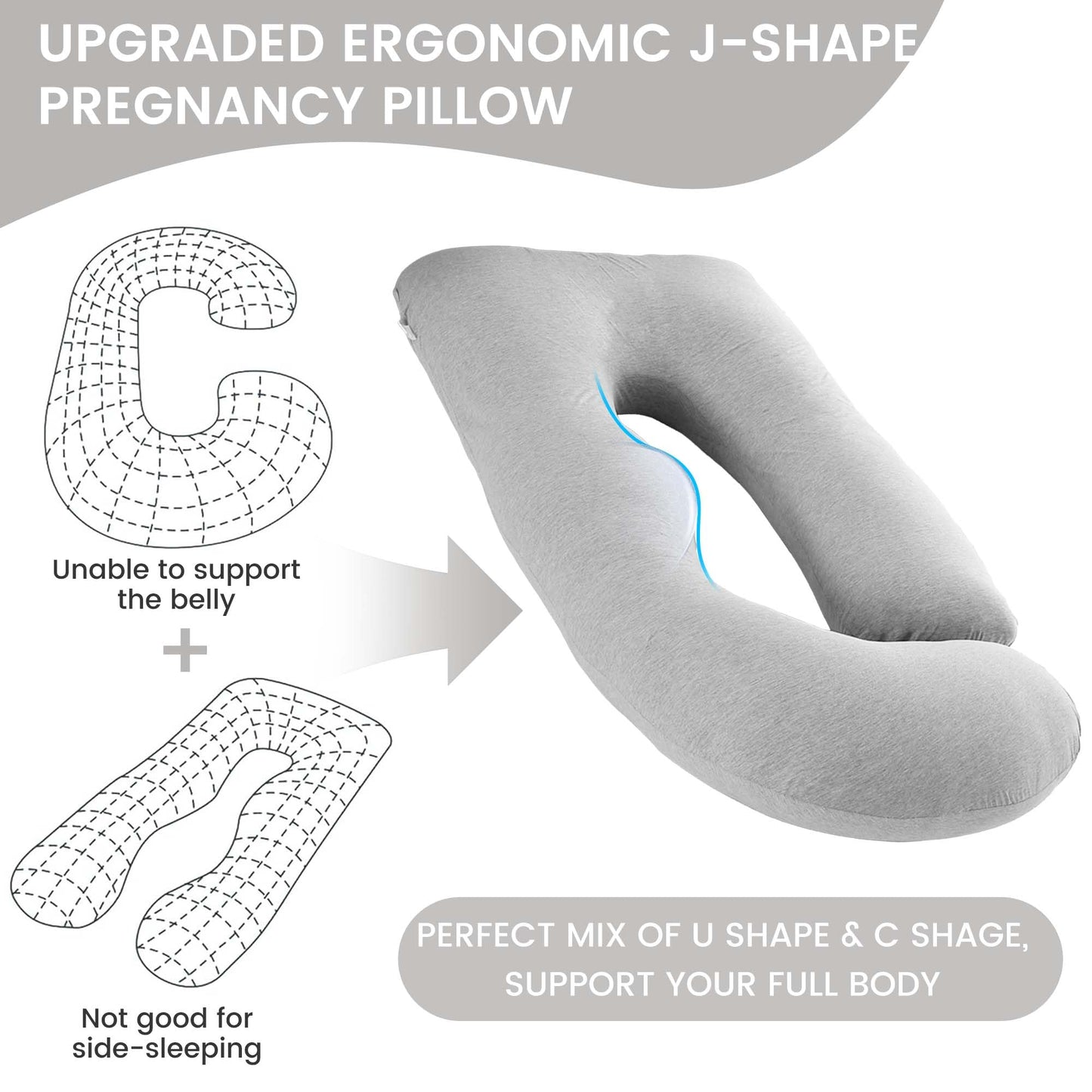 Jcickt Pregnancy Pillow for Sleeping,59 inch Maternity Pillow with Removable Washable Cover,J-Shaped Cooling Full Body Pregnant Pillow -Support for Backs,Legs, Belly, HIPS, Improve Sleep -Gray