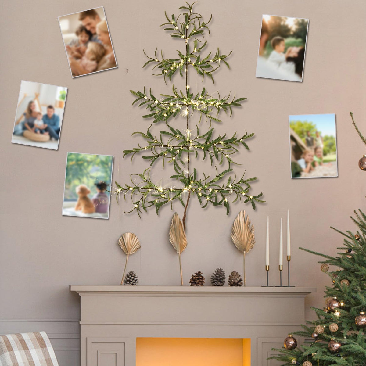 Fudios Olive Wall Christmas Tree with Lights 140 LED 3.5FT Prelit Hanging Greenery Branch Garland with Timer for Home Window Christmas Holiday Decoration