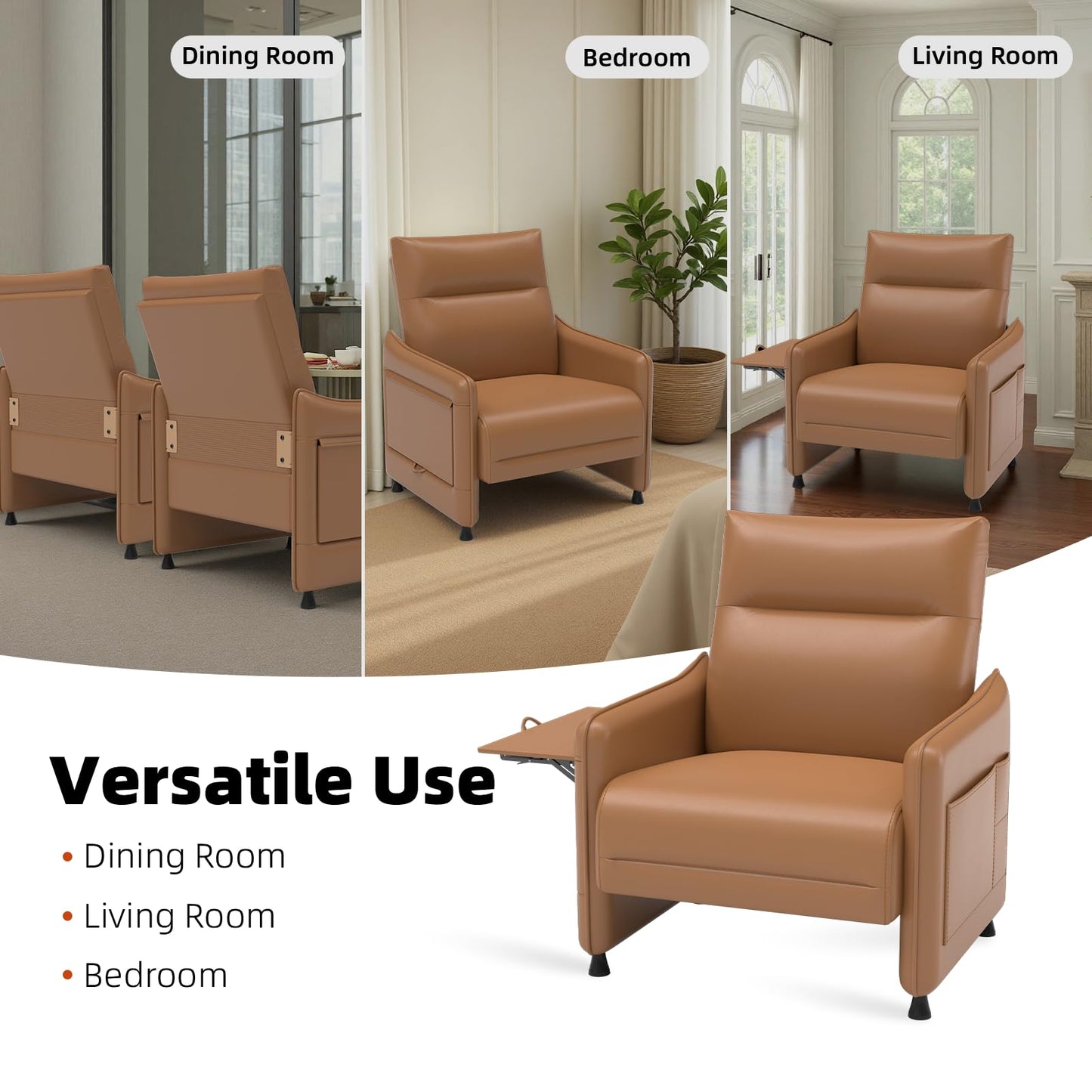 Tbillionnext Upholstered Accent Sofa, Modern Faux Leather Chair with Hidden Foldable Tray & Side Pocket, Rear Contour Arm Design, Small Accent Sofa for Bedroom, Brown