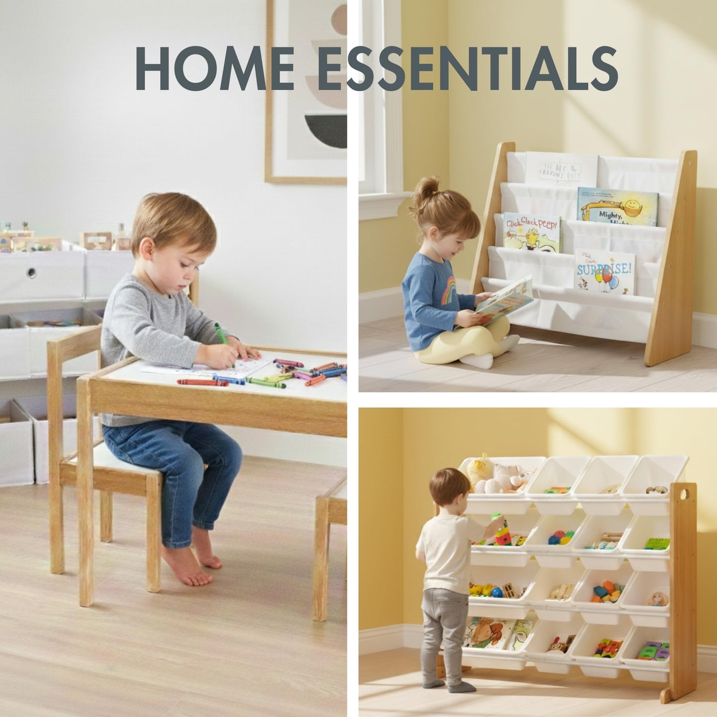 Humble Crew Journey Playroom in a Box, Kids 9 Bin Toy Organizer and 3pc Wood Table and Chair Set, Natural/White