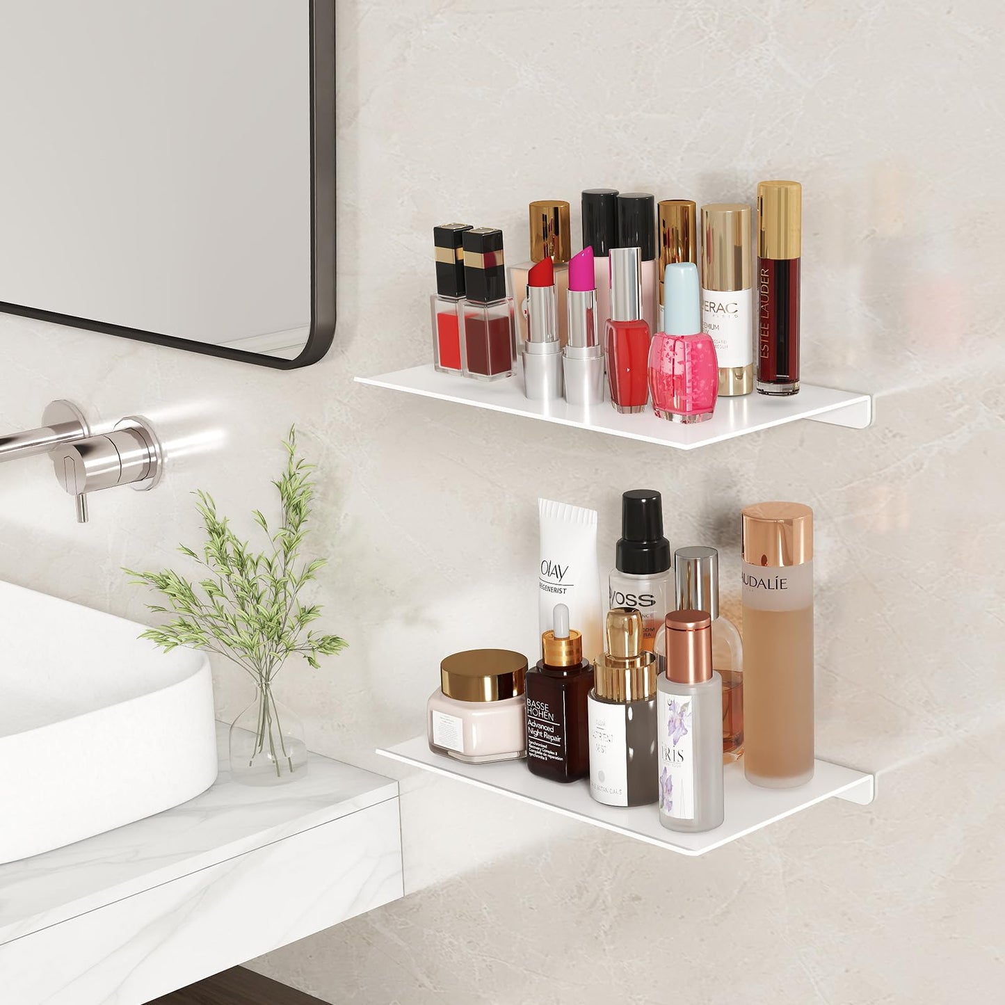MKO 8" Small Floating Shelves for Wall, Metal Wall Mounted Shelf for Bathroom, Bedroom, Living Room, Kitchen, Little Hanging Shelves for Books/Storage/Room Decor 2 Packs, White