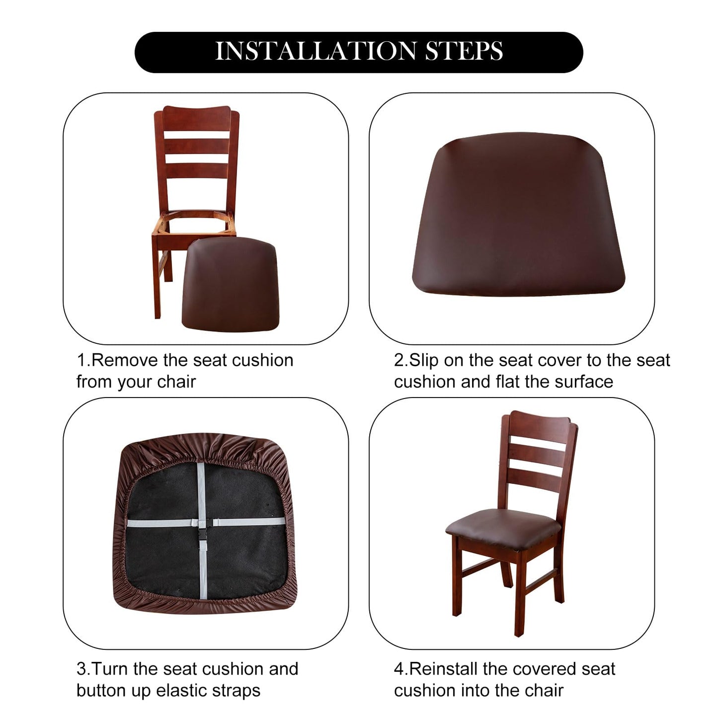 YUEANG Waterproof PU Leather Seat Covers for Dining Room Chairs Set of 6, Stretch Dining Chair Slipcovers, Kitchen Chair Seat Covers, Non-Slip & Washable (Brown)