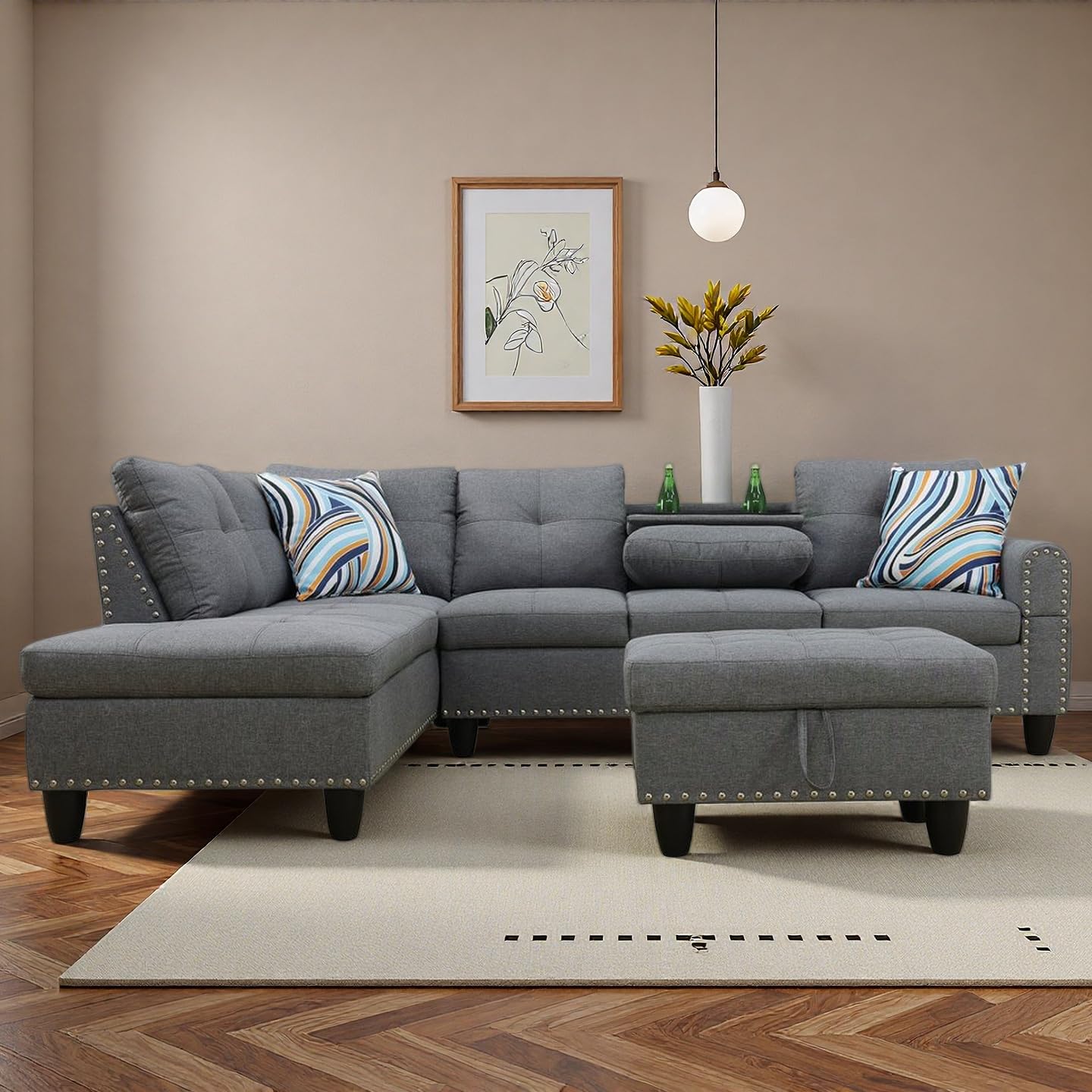Trygoal 97" Linen 4-Seat L-Shaped Sectional Sofa with Movable Chaise & Storage Ottoman - 3-Piece Modular Convertible Couch for Living Room, Bedroom, Apartment & Office, Charcoal