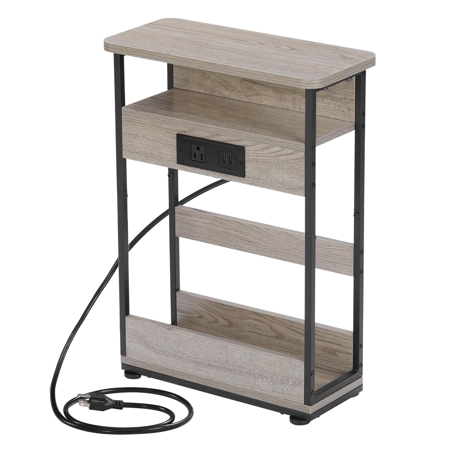 YEAKOO Narrow Side Table with Charging Station, 3-Tier End Table with 2 USB Ports & Power Outlets,Thin Sofa Side Table for Narrow and Small Spaces, Bedside Table Nightstand for Living Room,Oak