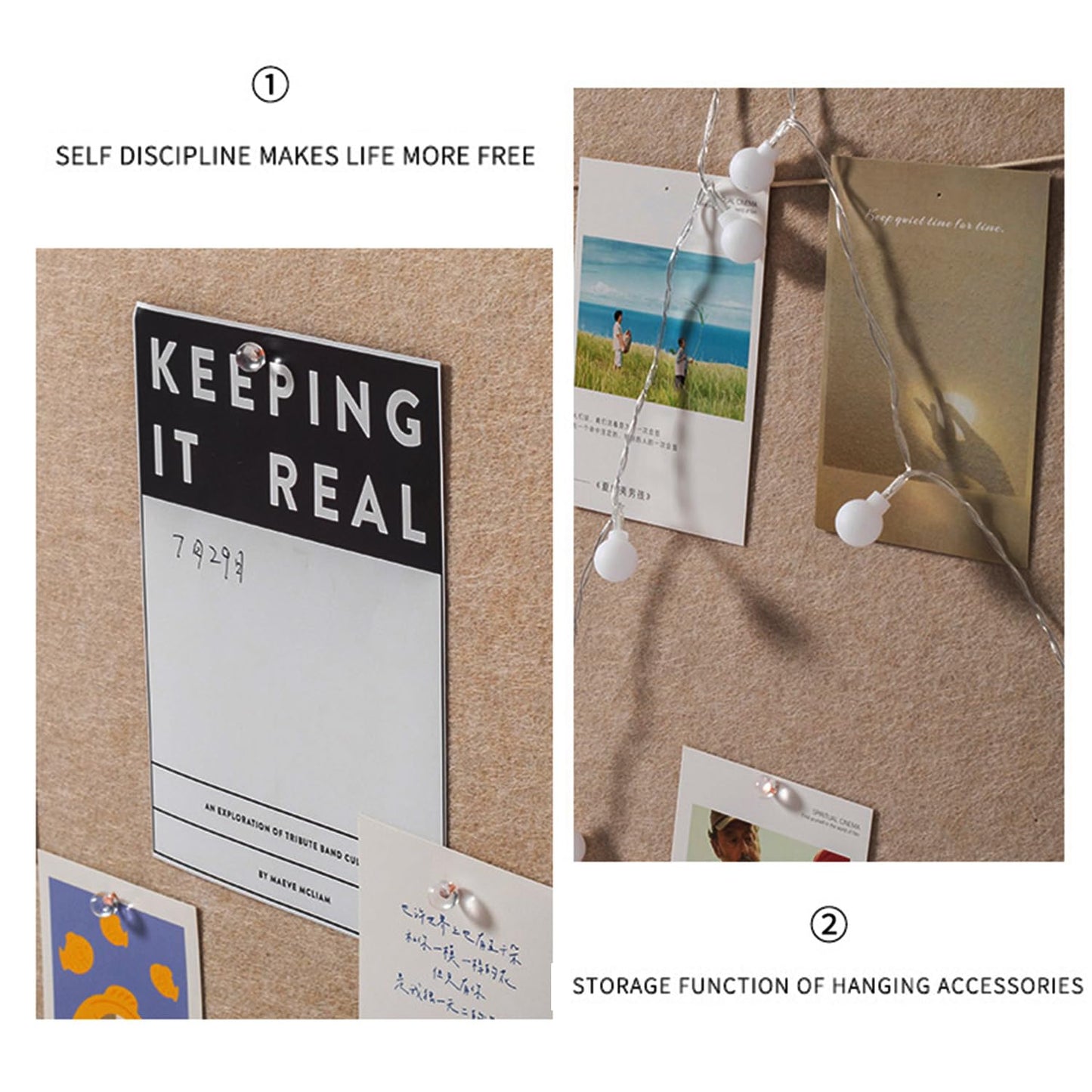 Foldable Bulletin Felt Board, 36x18 Inches Cork Board Alternative, Large Felt Board Decorative Pin Board for Wall, Foldable Photo Board Self-Adhesive Vision Board with 36 Pushpins Khaki