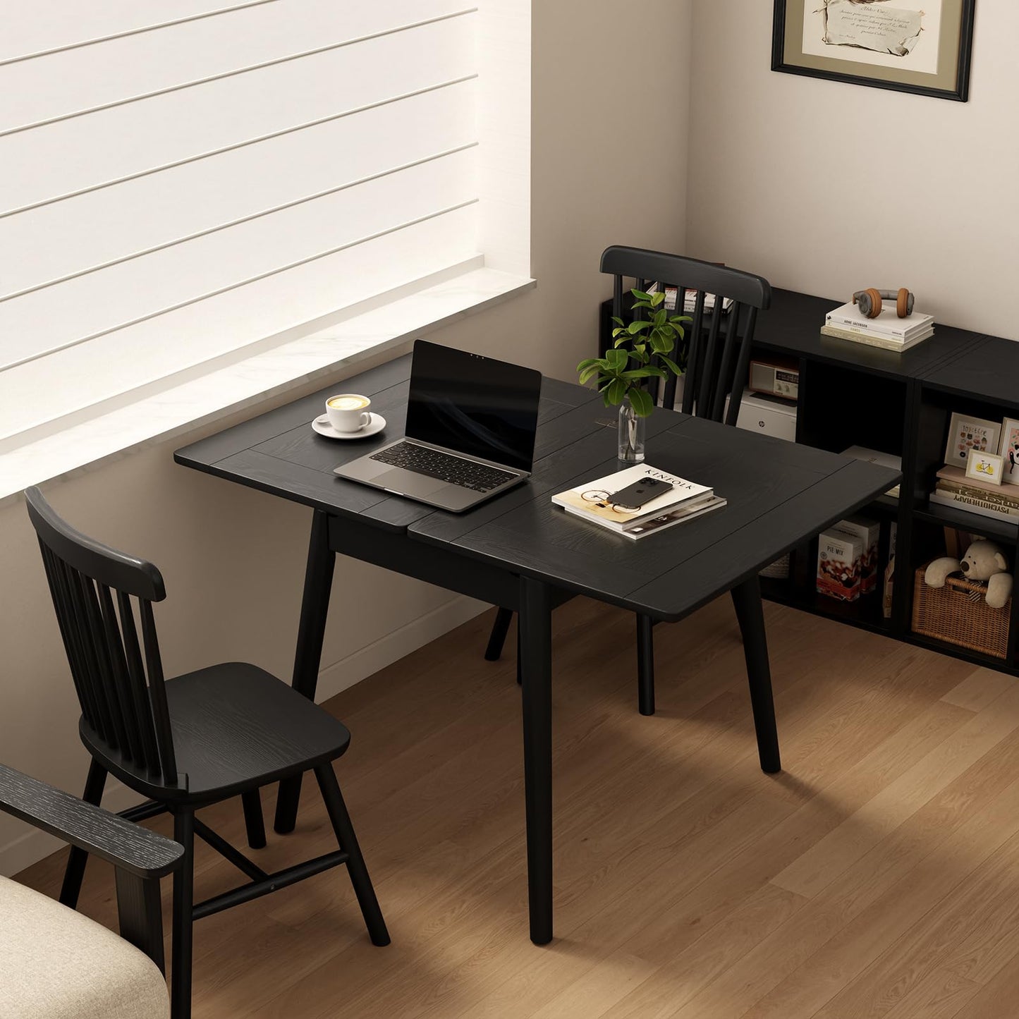 DONGMUWUJEE Solid Wood Small Dining Table, 23.6"L-47.2"L Expandable Kitchen Table for 2-6, Designed for Small Spaces, Easy Assembly, Suitable for Kitchen, Dining Room, Living Room, Apartment (Black)