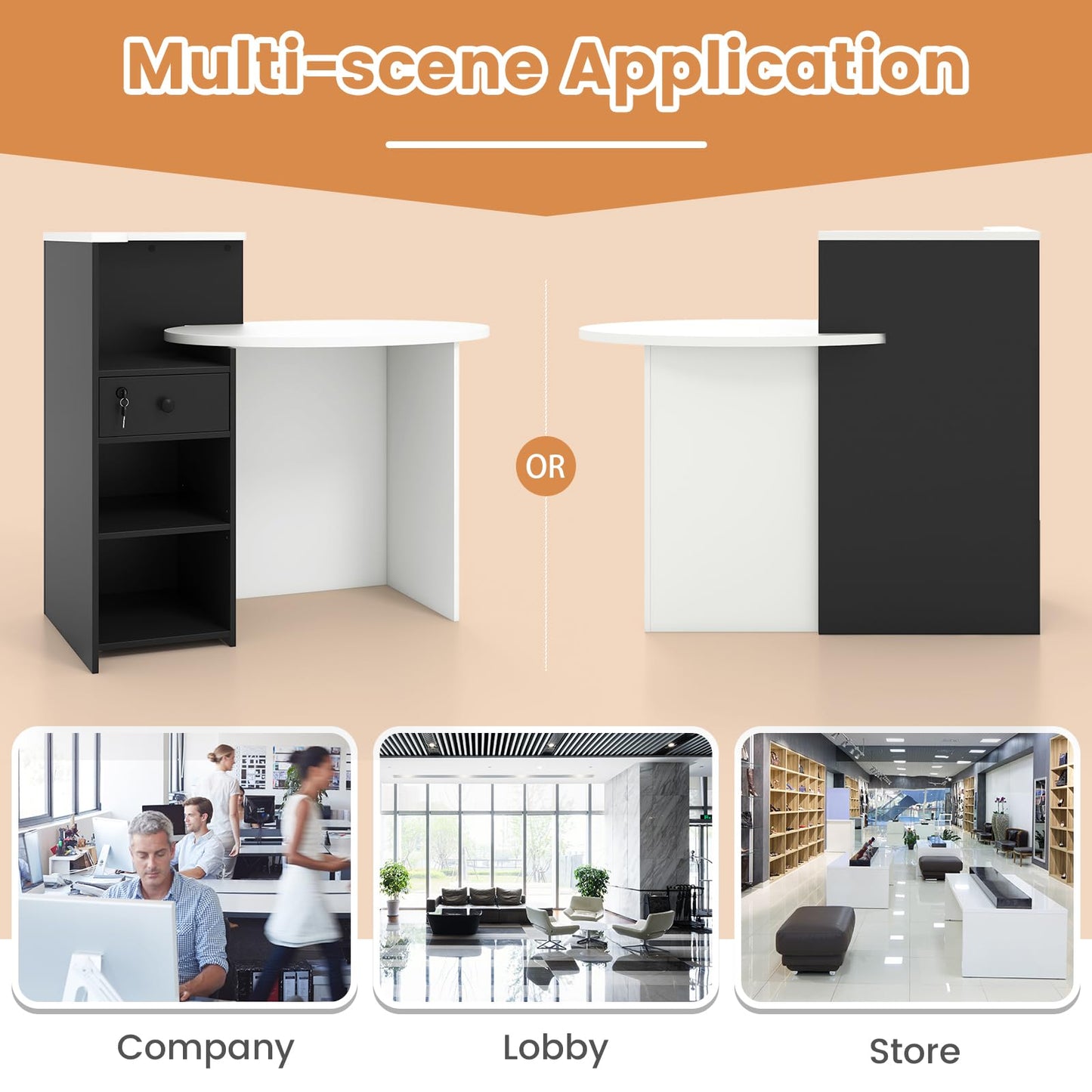 Tangkula Reception Desk, Front Counter Desk with Lockable Drawer & Adjustable Shelf, Oval Desktop, Retail Counter for Checkout, Computer Workstation for Salon Lobby Office, Home Office Desk