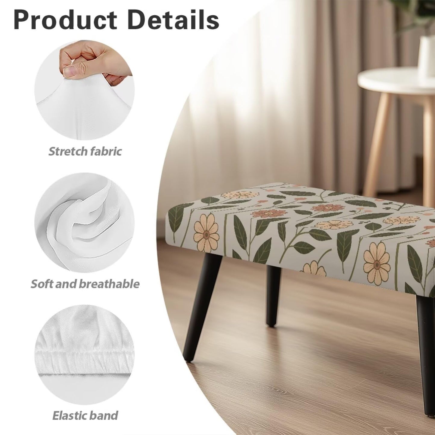 Cugasmaru Bench Covers Breathable Soft Stretch Dining Bench Cover Retro Floral Removable Non-Slip Rectangle Seat Cushion Slipcover Home Decor Benches Seat Protector