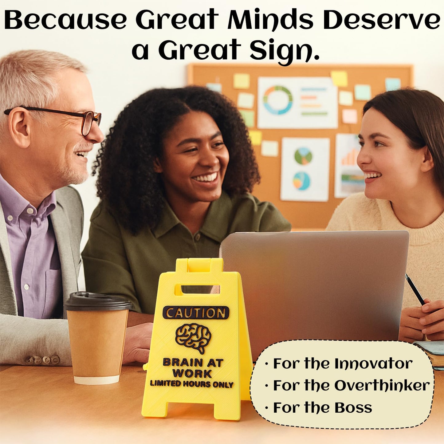 CAUTION Brain at Work Sign, 3D Printed Office Desk Decor, Funny Limited Hours Only Sign for Home Office, Coworker Gift, Birthday Gift for Colleagues, Yellow Desk Accessory