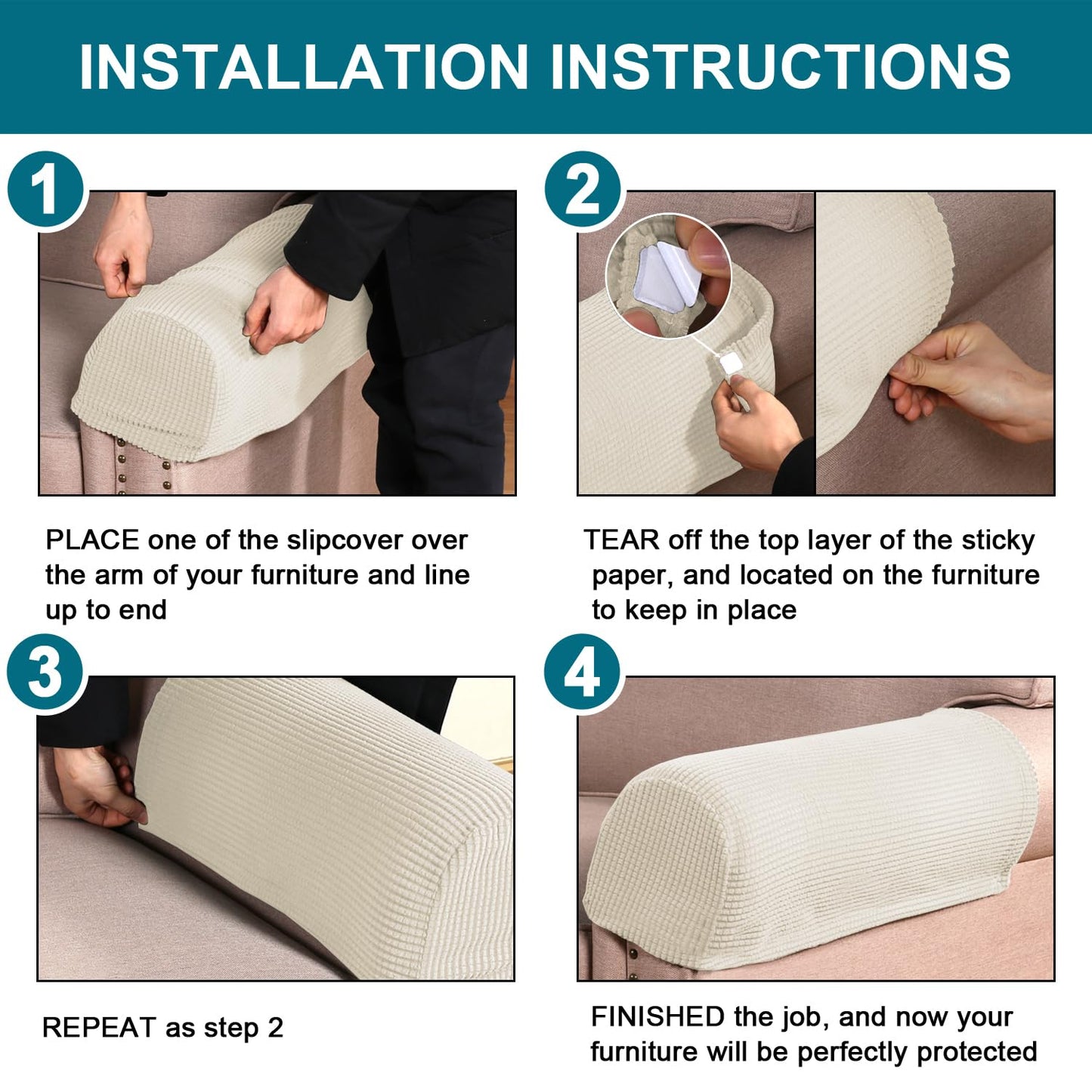 Turquoize Stretch Armrest Covers for Chairs and Sofas Couch Arm Covers for Sofa Spandex Jacquard Armrest Cover Anti-Slip Furniture Protector Armchair Slipcovers for Recliner Set of 2, Cream