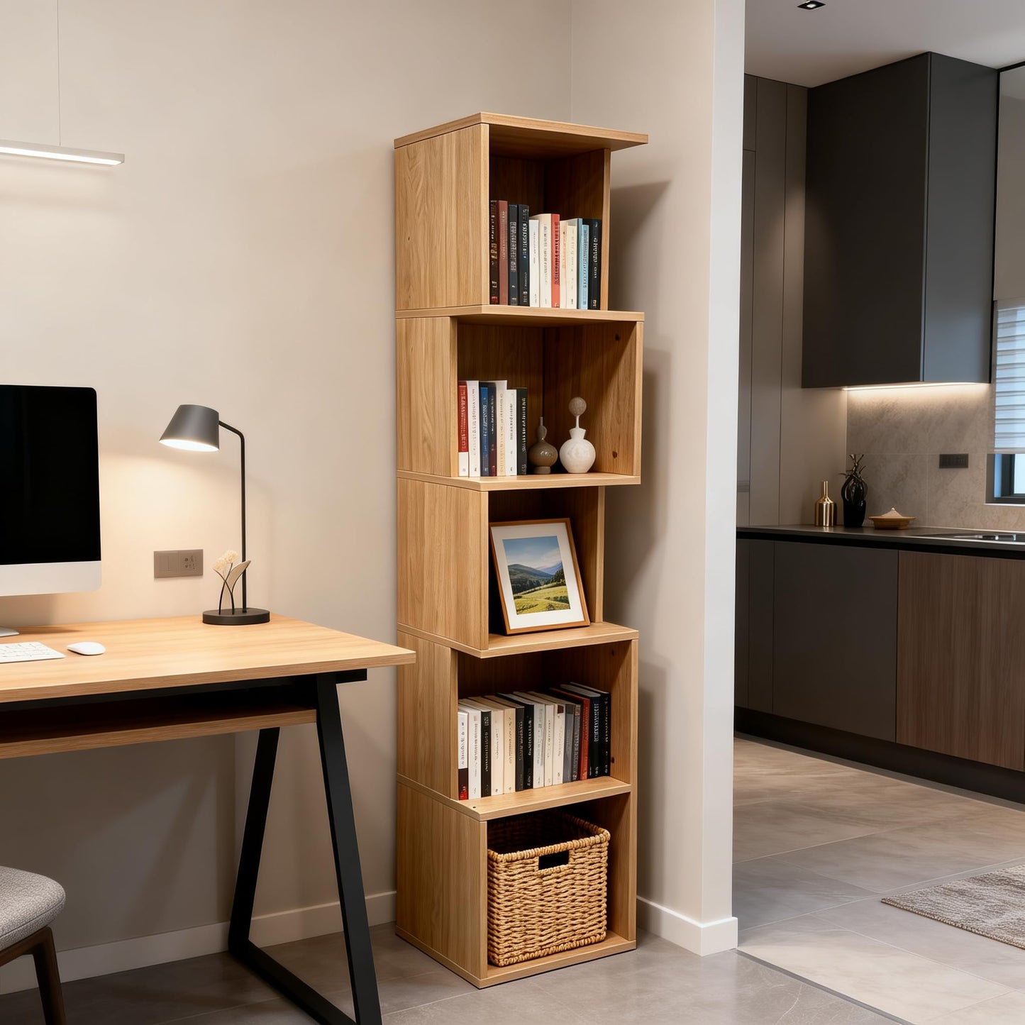 Enjoy Smart 5 Cube Bookshelf, Freestanding 5 Tier Open Display Shelf, Rustic Oak Texture Cube Storage Organizer with Eco-Friendly Melamine Surface for Home Office Bedroom Living Room Study, Oak