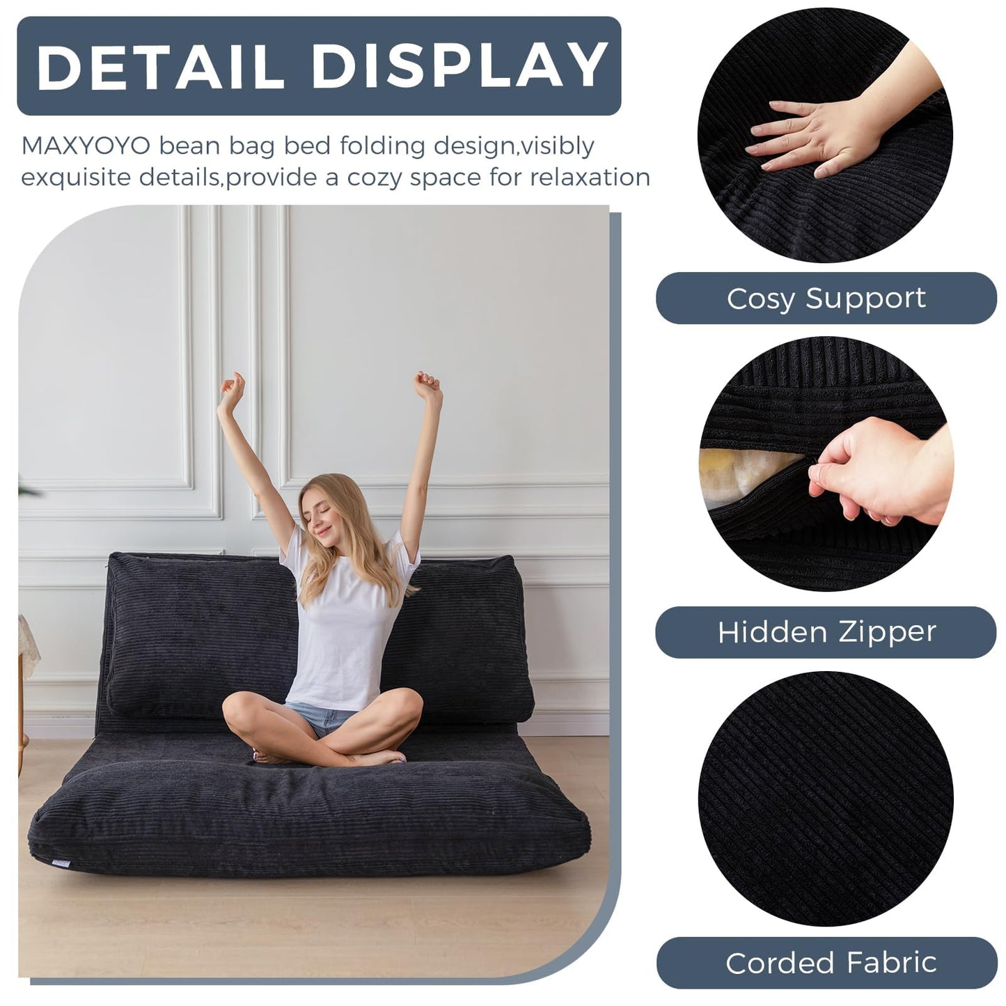 MAXYOYO Folding Sofa Bed, Extra Thick and Long Floor Sofa Convertible Chair with Washable Cover, Floor Couch Lounge Bean Bag Bed for Living Room, Black, 30"x91"