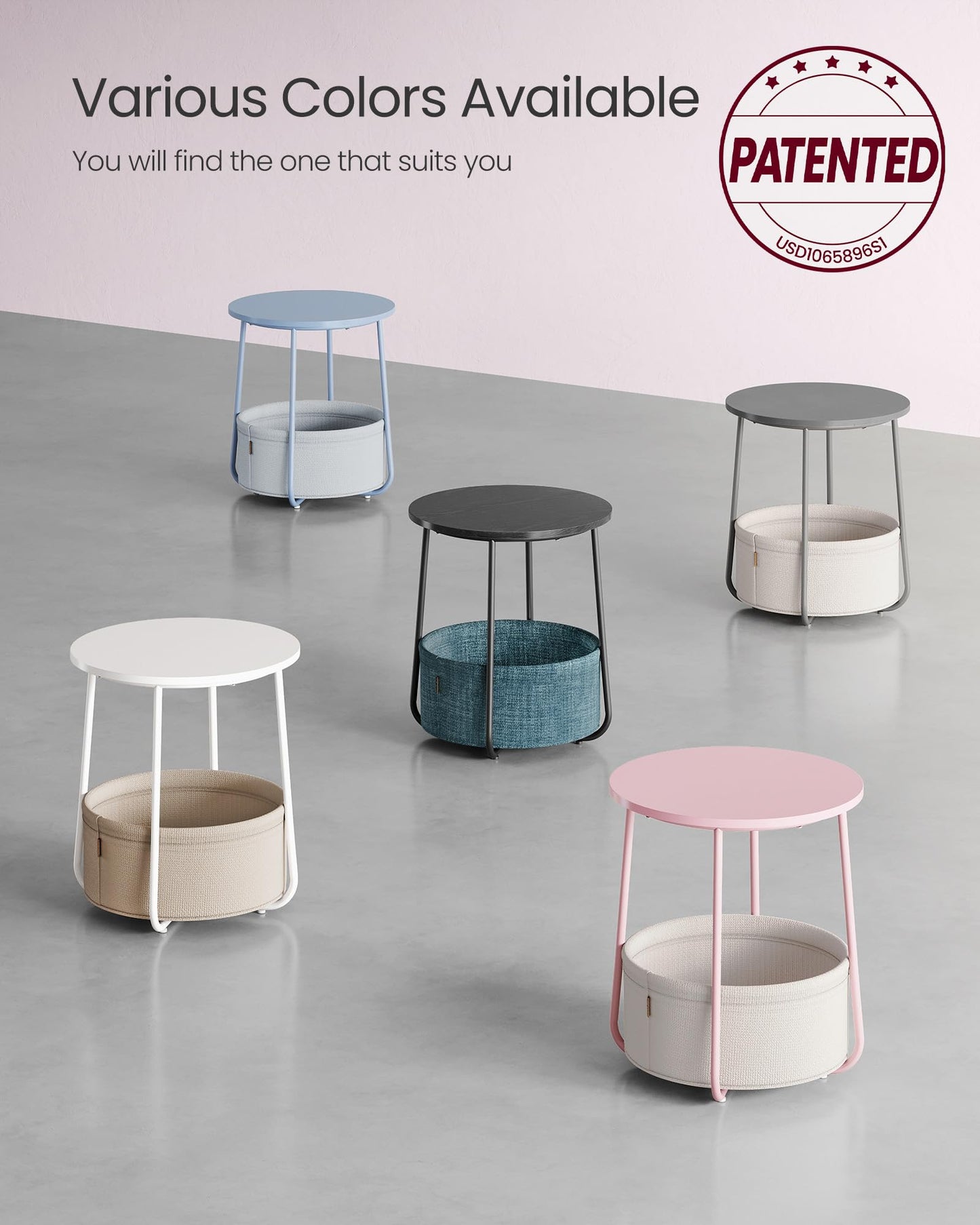 VASAGLE LILEA Collection - Small Round Side End Table, Modern Nightstand with Fabric Basket, Jelly Pink and Cream White ULET223R61