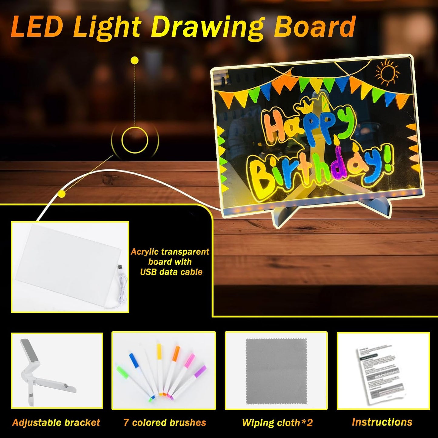 Niaoyun Led Note Board with Colors, Glowing Acrylic Dry Erase Board with Light, Light up Dry Erase Board Memo Message Board Note Glass Led Board (Large 11.8 * 7.9in)