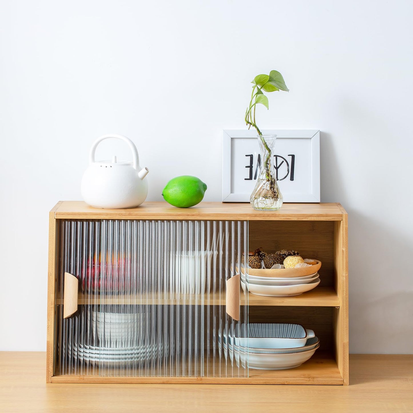 Tiita Small Kitchen Pantry Cabinet, Bamboo Sideboard with Glass Doors, Cupboard Food Pantry Cabinet for Kitchen, Living Room and Dinning Bedroom