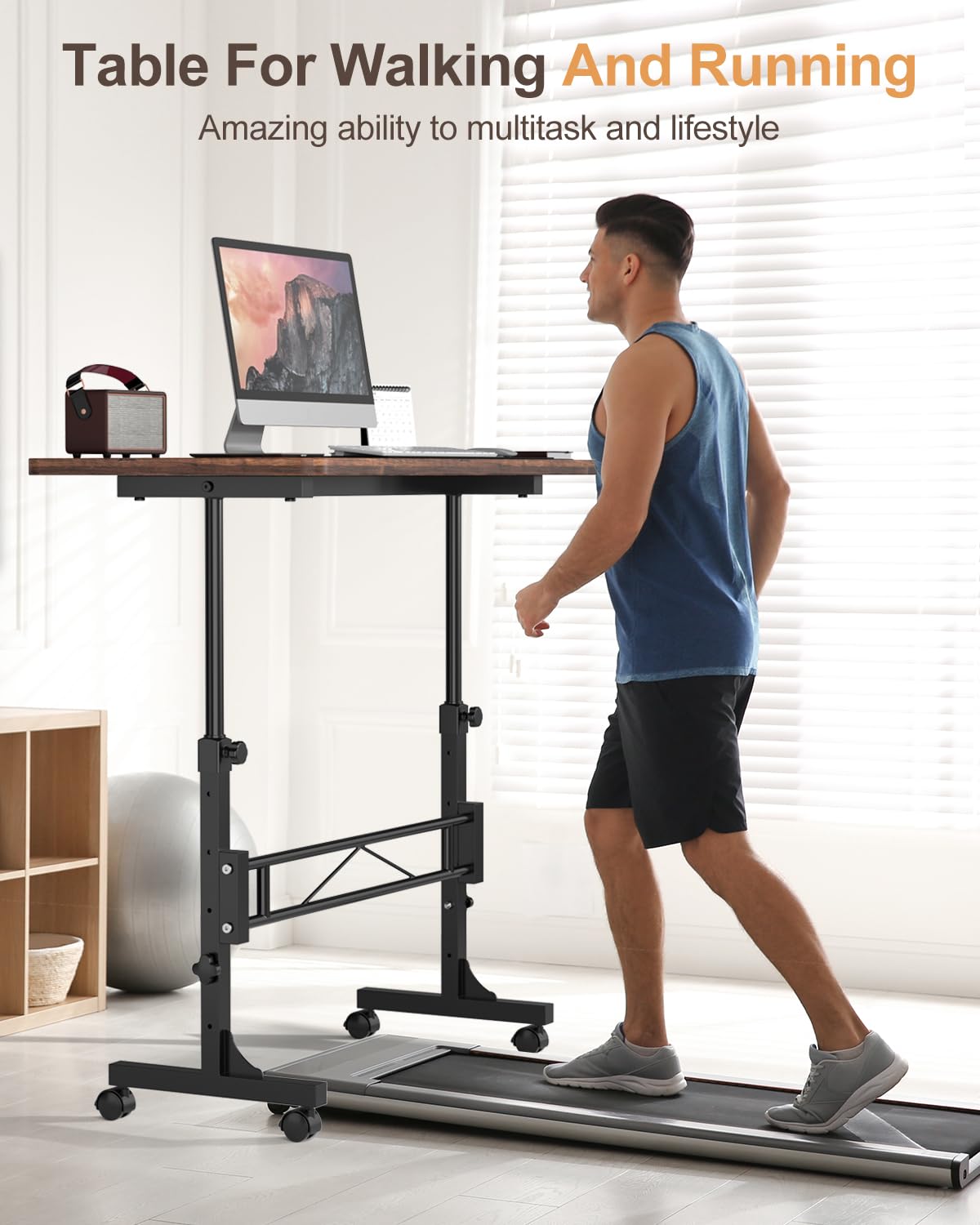 Amztabler Small Standing Desk Adjustable Height, Mobile Stand Up Desk with Wheels, 32 Inch Portable Rolling Desks Conference Room Tables for Walking Pad Treadmill Wood Rustic