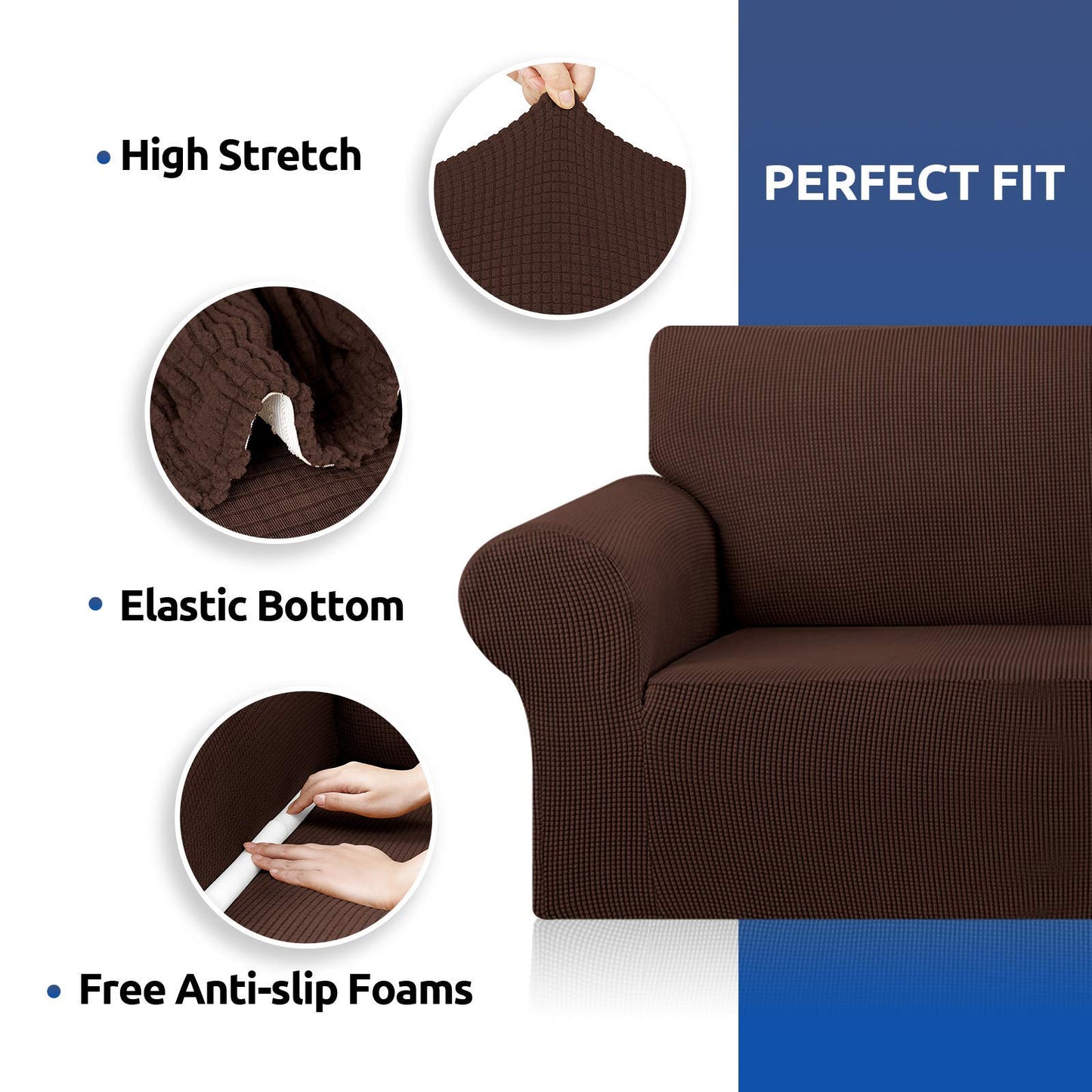 KEKUOU Stretch Sofa Cover Slipcover ,Couch Covers for 3 Cushion Couch Sofa pet Friendly (78"-94") Furniture Protector Sofa with Elastic Bottom for Kids,Dog, Jacquard Small Checked(Large,Chocolate)