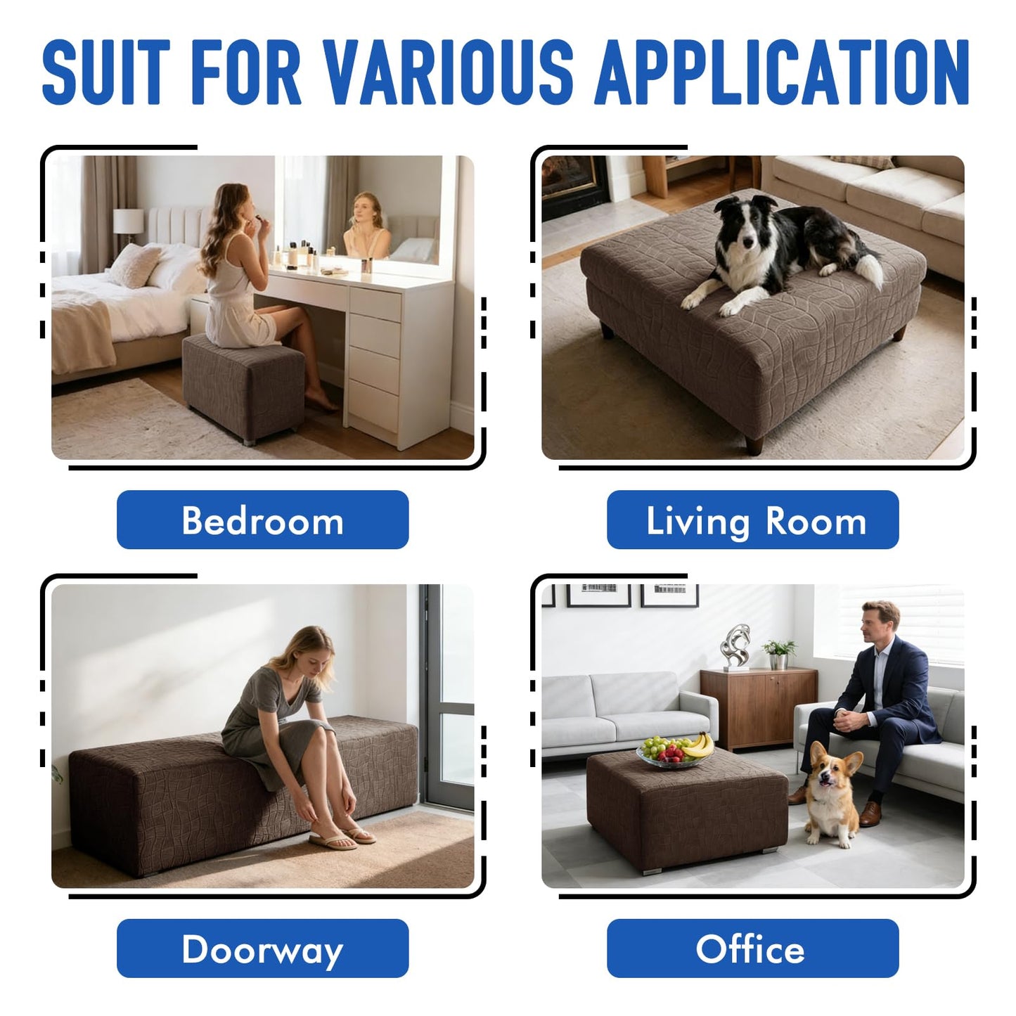MAXIJIN Waterproof Ottoman Cover Rectangle Stretch Ottoman Slipcovers Square Thick Stool Covers Storage Footrest Furniture Protector with Non-Slip Elastic Bottom (Small, Coffee)