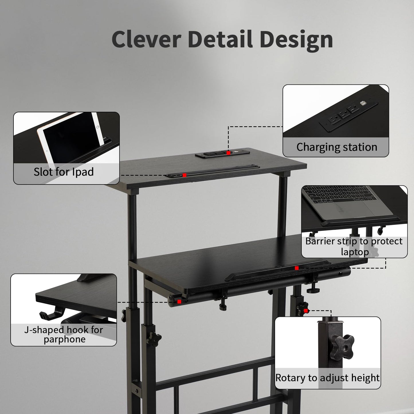 Hadulcet Mobile Standing Desk with Charging Station, Adjustable Standing Computer Desk, Standing Adjustable Laptop Cart with Wheels for Home Office Classroom Black