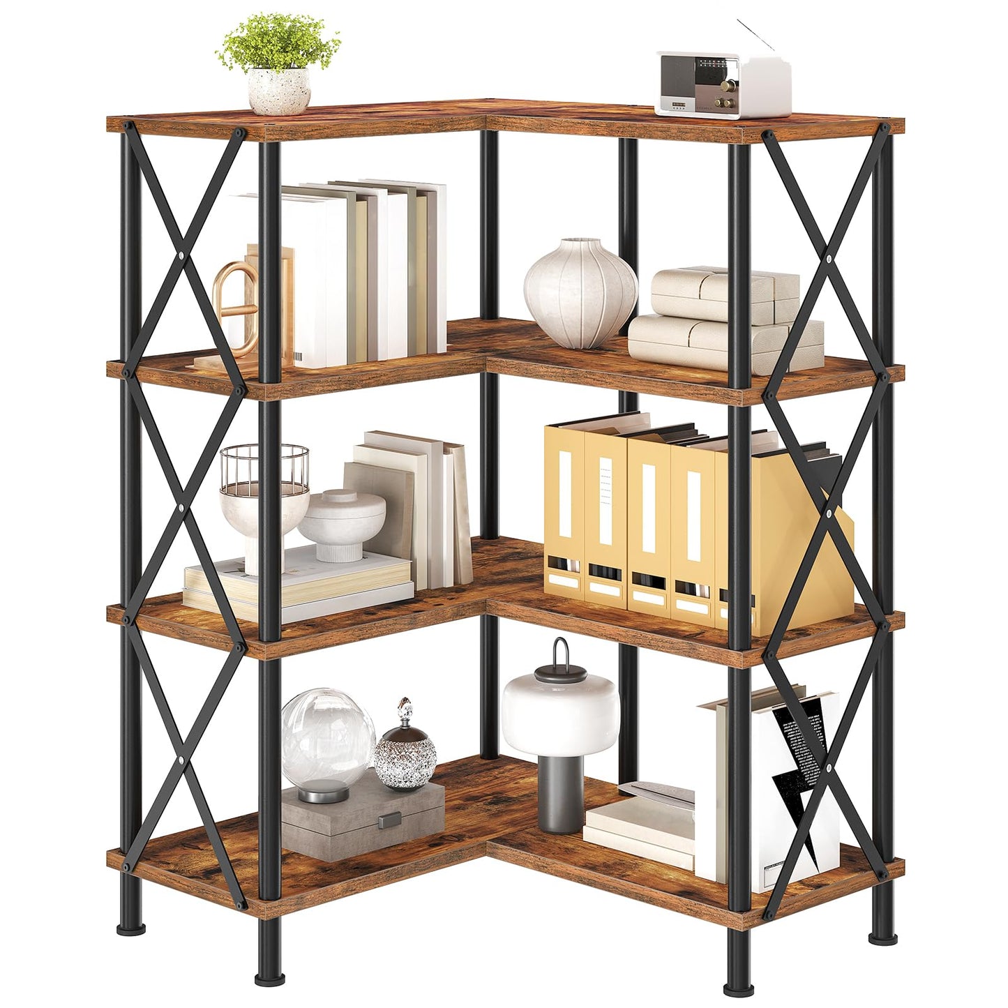 HOOBRO Corner Bookshelf, 4-Tier L-Shaped Bookcase, Industrial Open Display Shelf Tall Storage Organizer, Vertical Storage Rack, for Living Room, Home Office, Rustic Brown and Black BF59SJ01