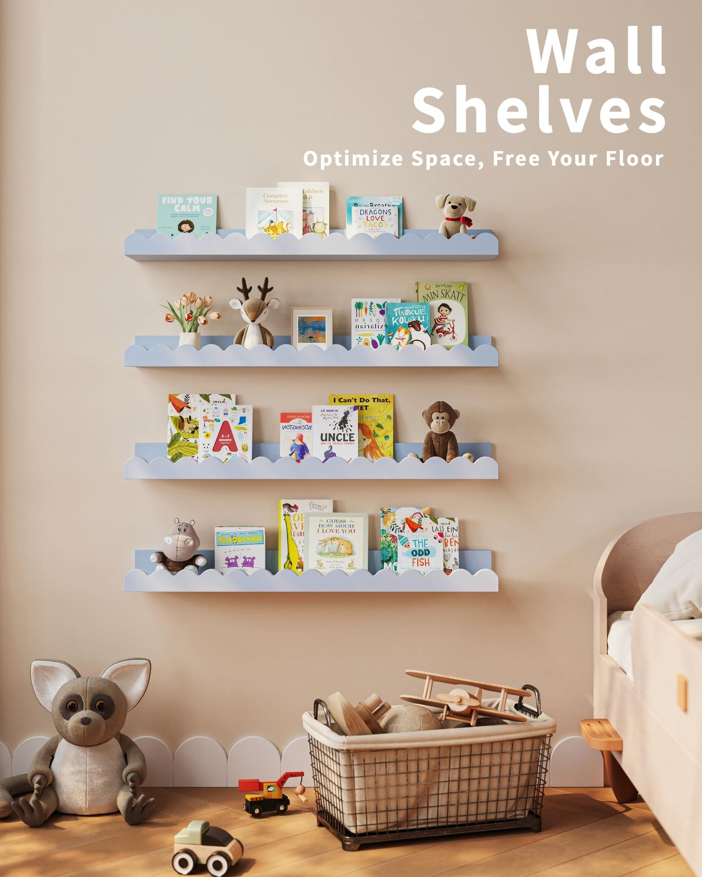 Shario Nursery Book Shelves, 4-Pack White Floating Shelves for Wall Kids, Scalloped Shelves, Wall Book Shelves for Bedroom Kids, Toddler Room, Baby Room, Nursery Decor(Blue, 23 Inches)