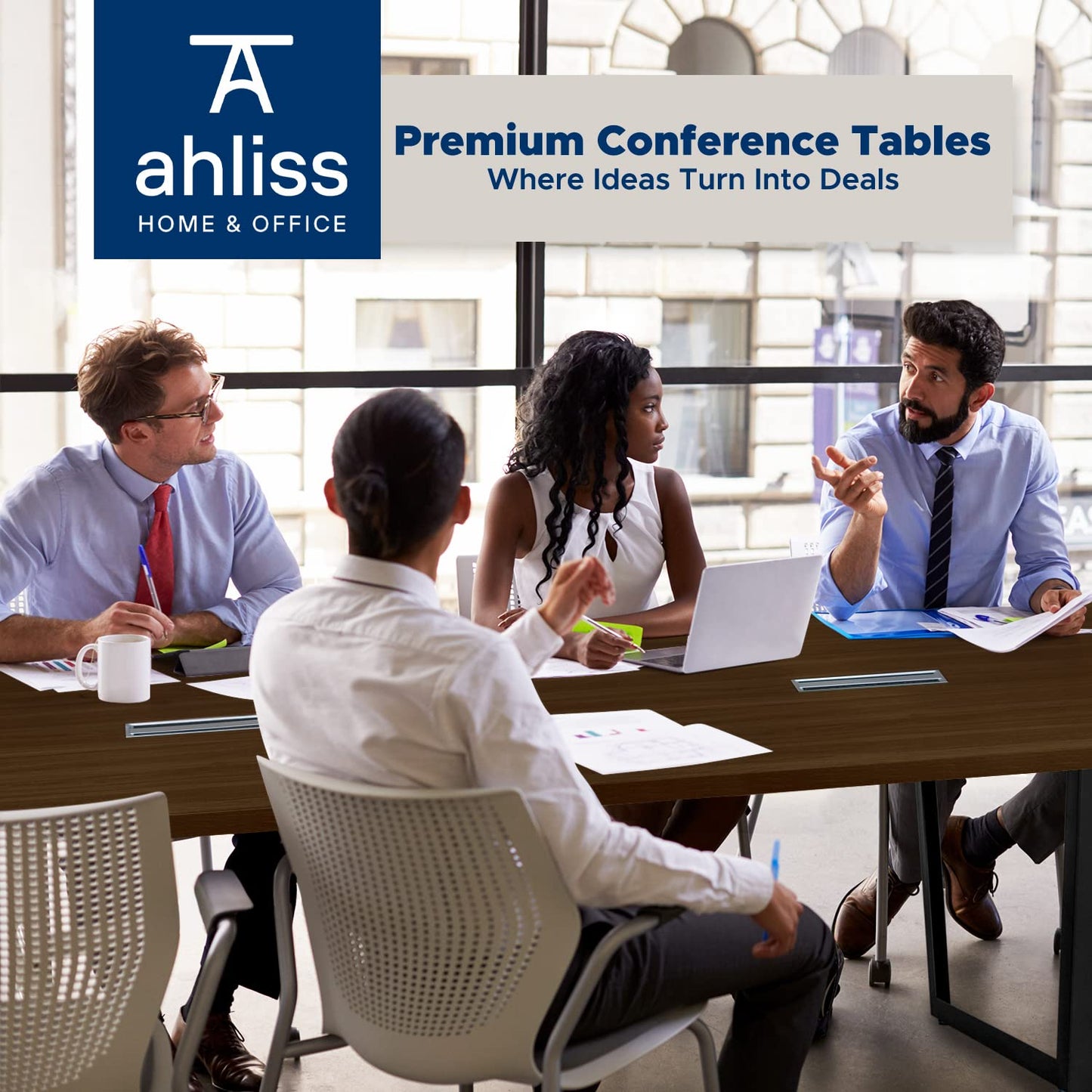 ahliss Sturdy Conference Table with Cable Management Grommets Modern Rectangle Office Meeting Table with Wood Tabletop and Metal Frame & Legs- Easy Assembly Boardroom Table (Dark Brown, 8 Foot)