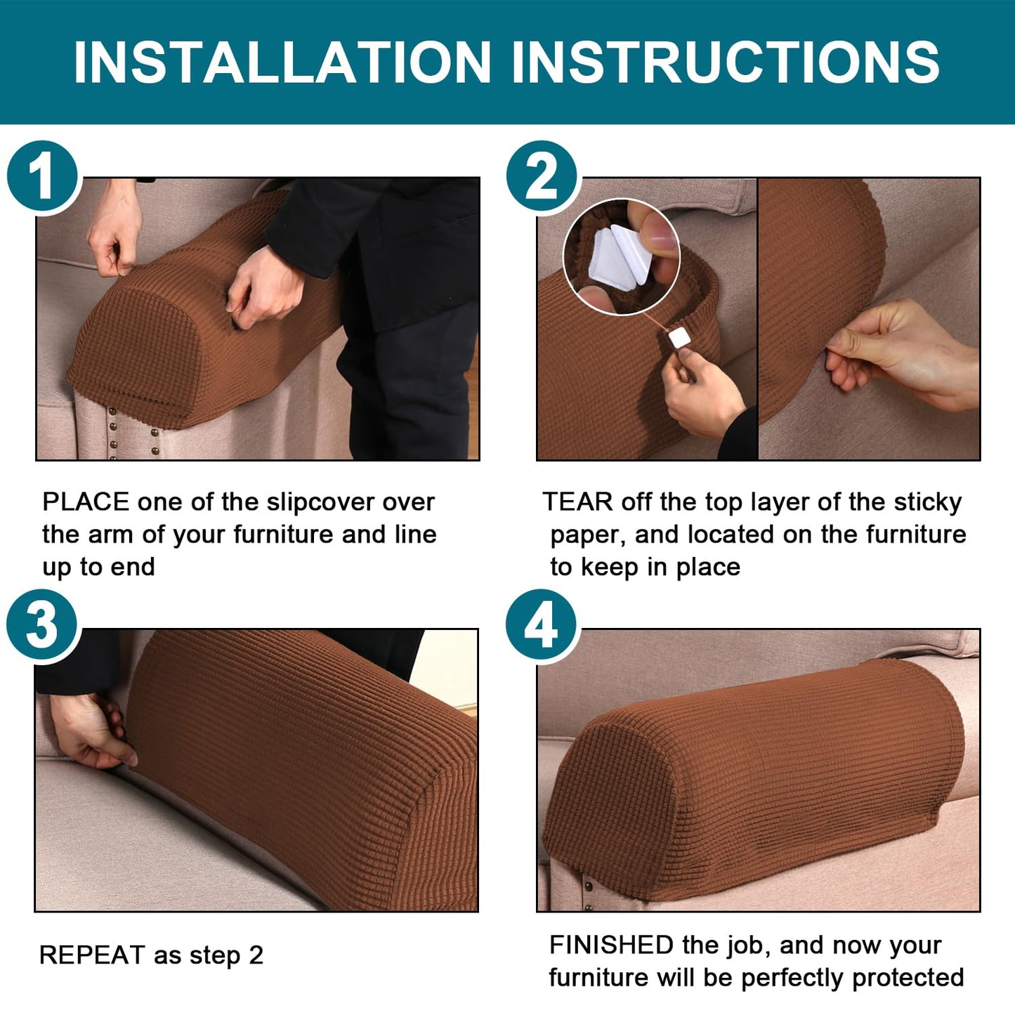 Turquoize Stretch Armrest Covers for Chairs and Sofas Couch Arm Covers for Sofa Spandex Jacquard Armrest Cover Anti-Slip Furniture Protector Armchair Slipcovers for Recliner Set of 2, Caramel