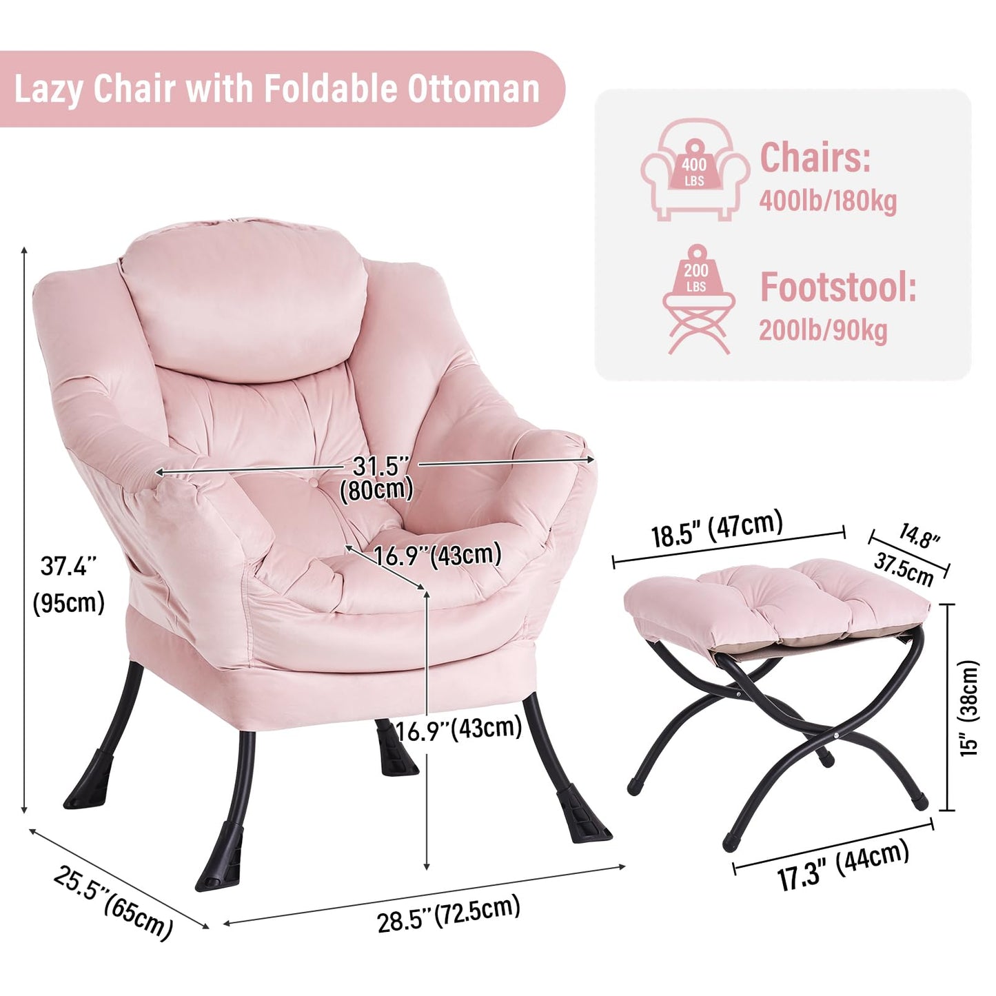 Furlide Lazy Chair with Ottoman, Modern Chair with Folding Footrest, Lounge Accent Chair, Comfortable Reading Chair, Oversized Armchairs for Bedroom, Study, Living Room, Courtyard (Pink)