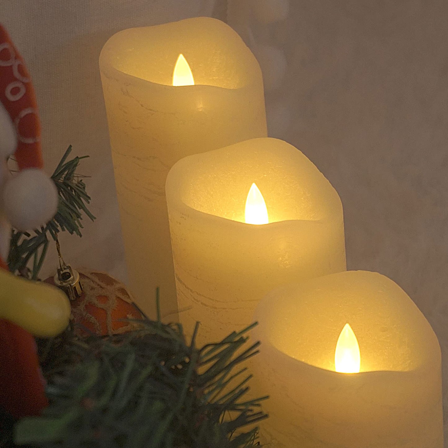 CANDLE CHOICE Battery Operated Flameless Candles with Timer Real Wax Realistic Flickering Electric LED Pillars Automatic Built-in Daily Cycle Timer 6-Hour on 18-Hour Off Set of 3 Rustic Texture Ivory