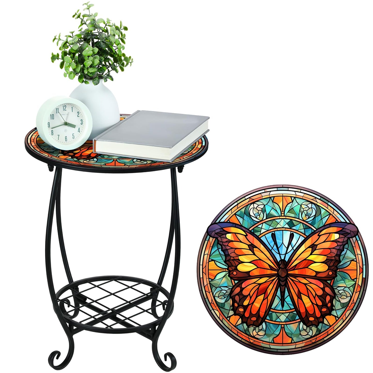 Cinnvoice Outdoor Side Table Round Small Mosaic Patio Accent Indoor End Plant Coffee Tea Table for Yard Patio Porch Garden Living Room, Bedroom(Butterfly B Style,14 Inch)