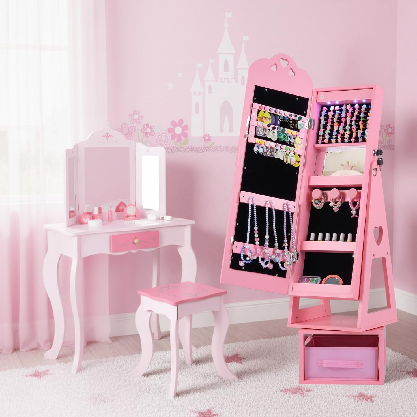 INFANS Kids Jewelry Armoire Cabinet, 360° Swivel Lockable Standing Makeup Organizer with Interior Lights, Rotatable Full-Length LED Vanity Mirror with Foldable Fabric Drawer for Girls