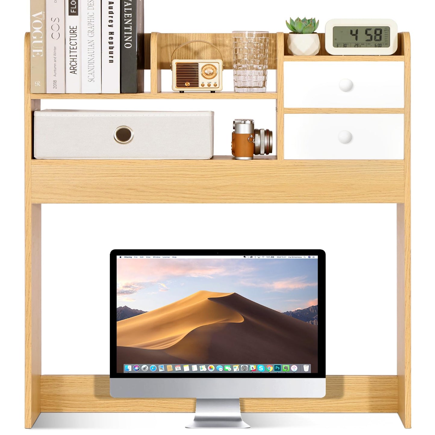 YGYQZ Wood Desk Shelf Organizer, Desk Hutch Top Only, Countertop Storage Hutch with 4 Shelves for Computer Desk,2-Tier with Cabinet Door Rack for Office, Home, Dorm,Natural
